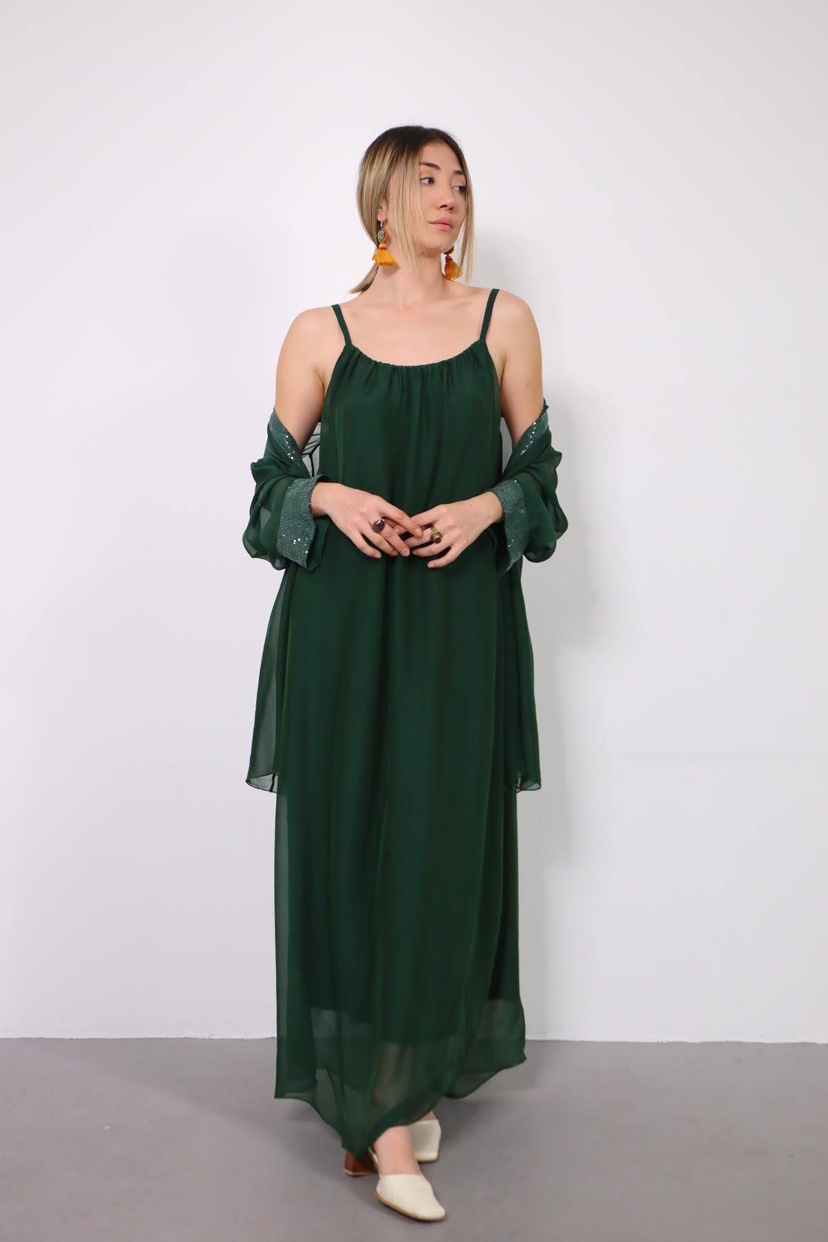  Zümrüt Yeşili Payetli İpek Ceket ve Elbise Takım