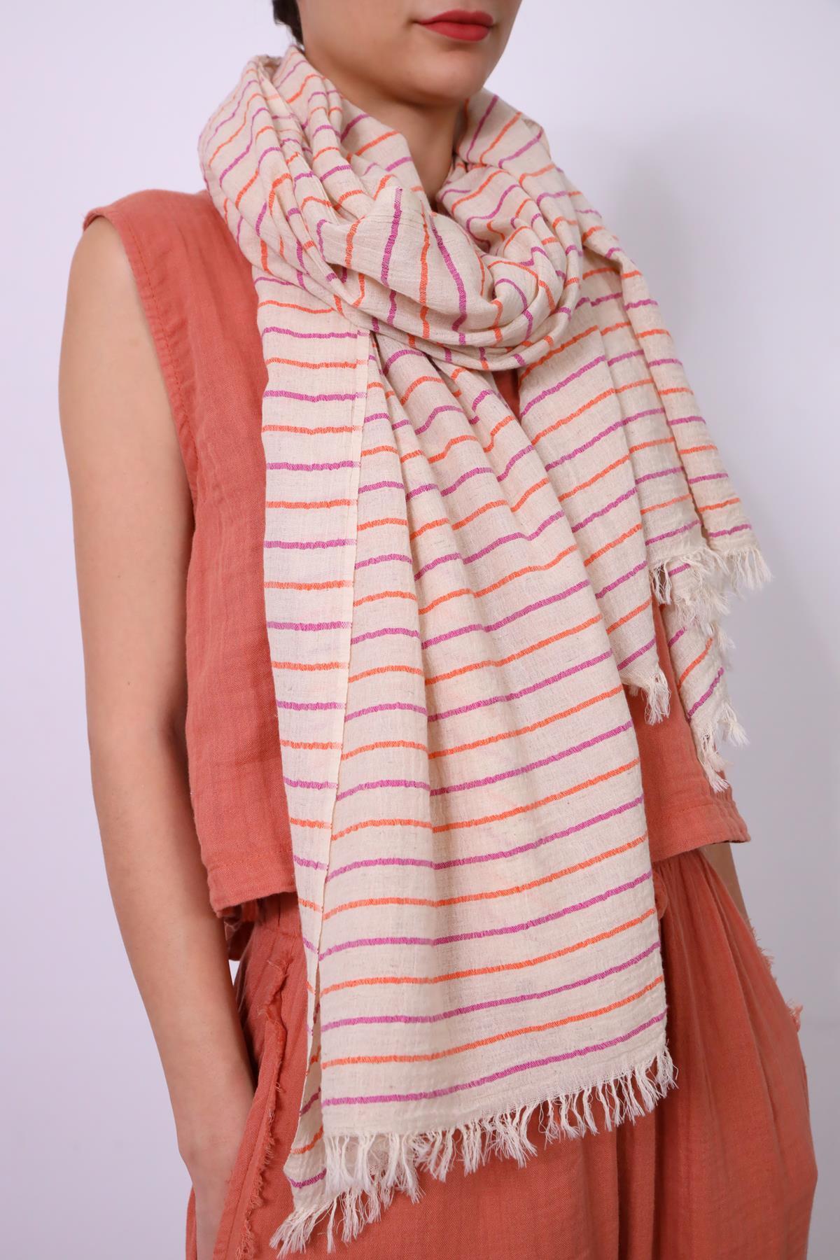 Turuncu ve Fuşya Çizgili Keten Diba Şal Turuncu ve Fuşya Çizgili Keten Diba Şal