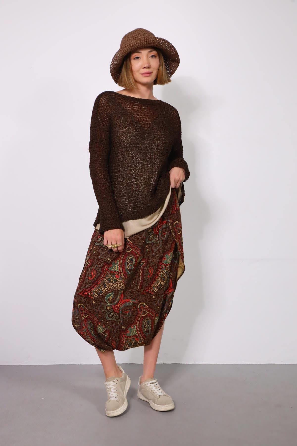 Saman Butik | Shop Online Brown Elastic Waist Skirt Pants