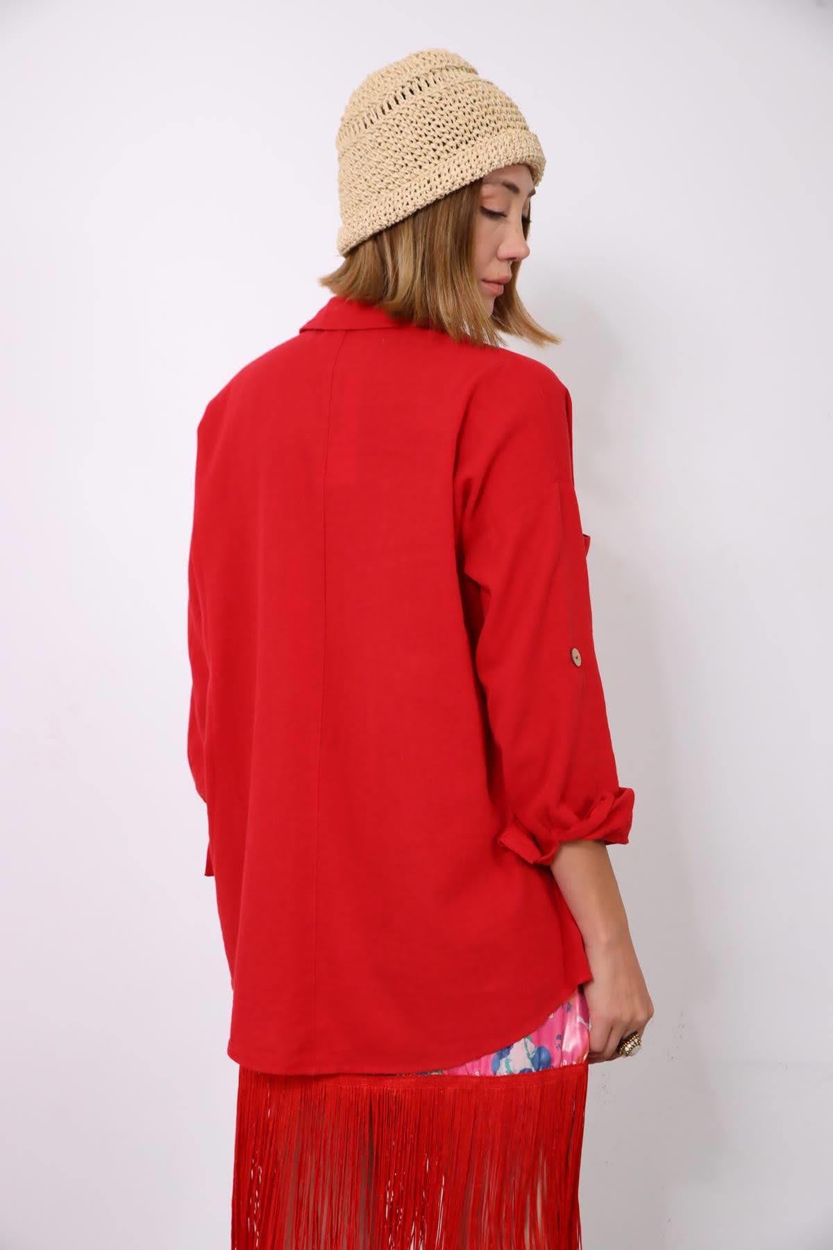 Kırmızı Büyük Cepli Gömlek - Şaman Butik - Bohem Giyim ve Aksesuar | Kadın & Erkek Kırmızı Büyük Cepli Gömlek