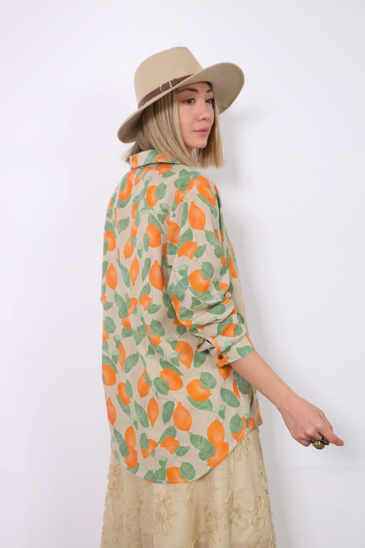 Bej Desenli Oversize Gömlek - Şaman Butik Bej Desenli Oversize Gömlek