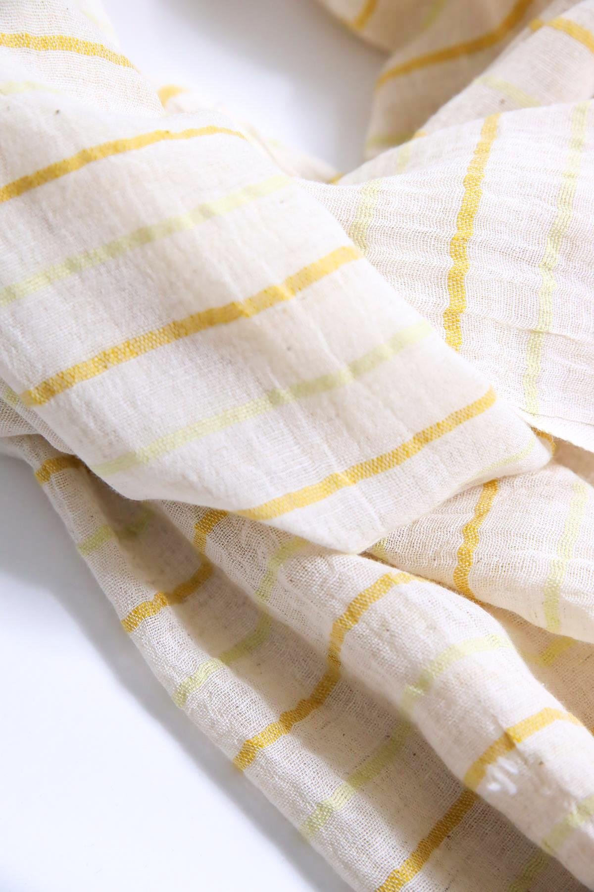  Hardal Rengi ve Sarı Çizgili Keten Diba Şal