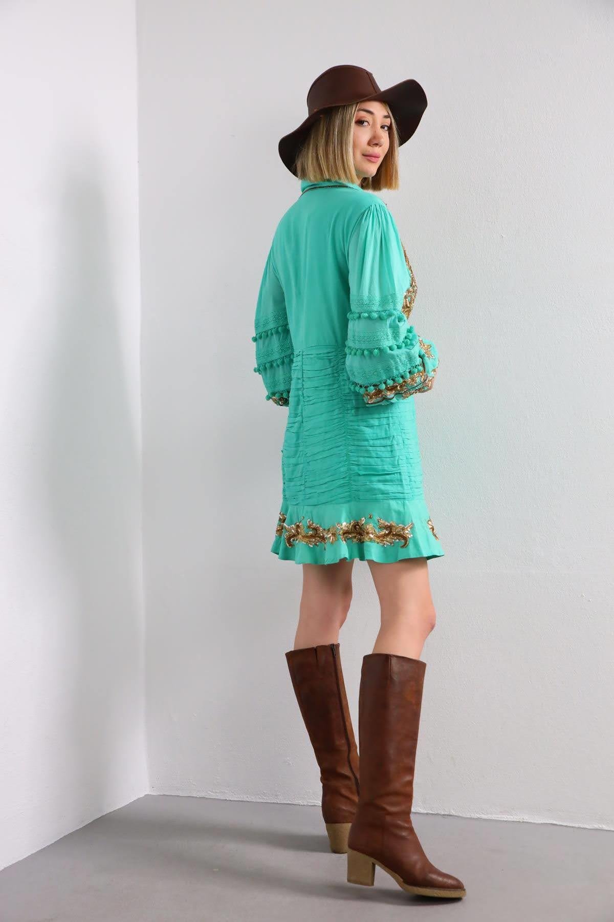 Mint Yeşili Pul İşlemeli Balon Kol Elbise - Şaman Butik Mint Yeşili Pul İşlemeli Balon Kol Elbise