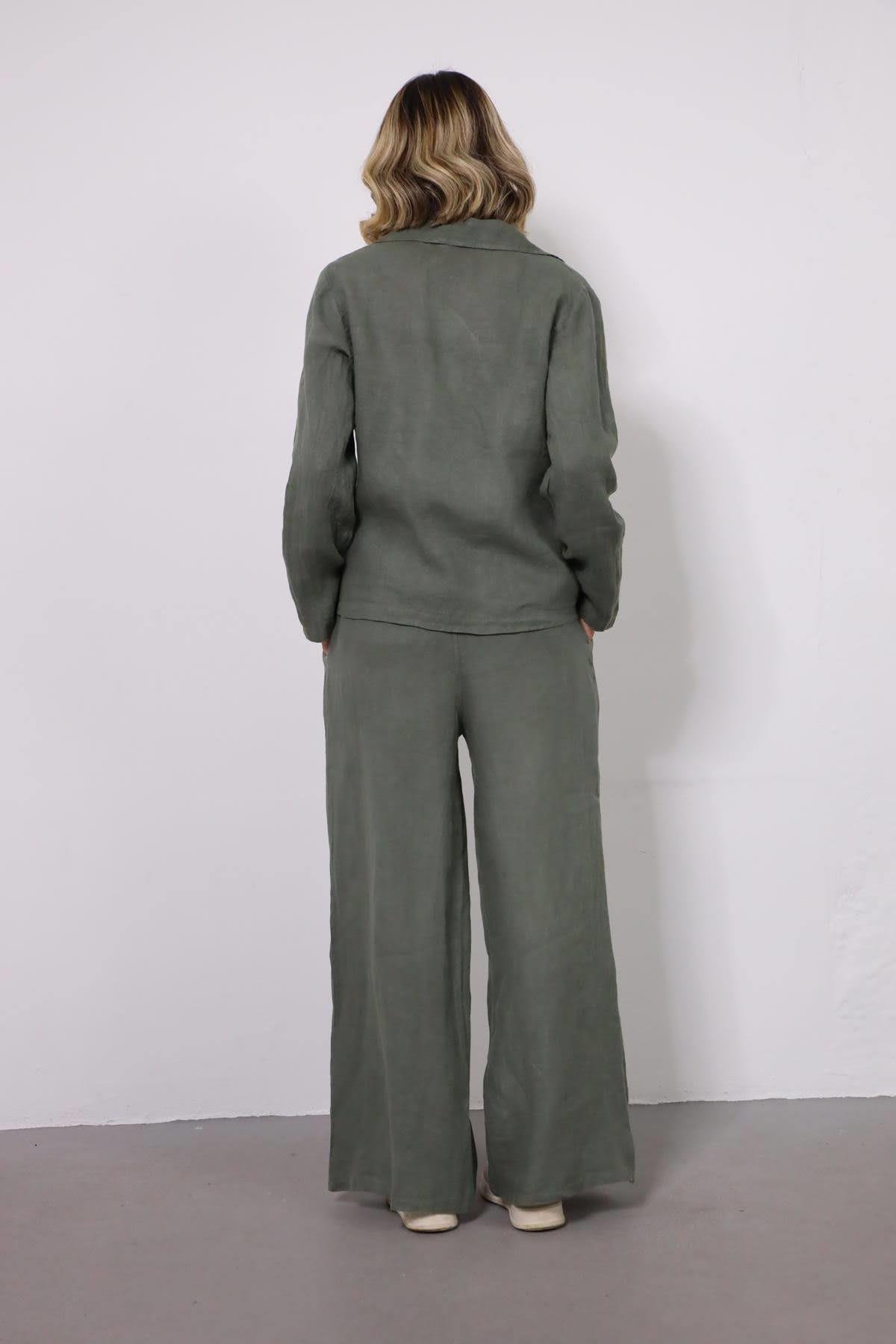 Haki Beli Pileli Pantolon Ceket Takım - Şaman Butik Haki Beli Pileli Pantolon Ceket Takım