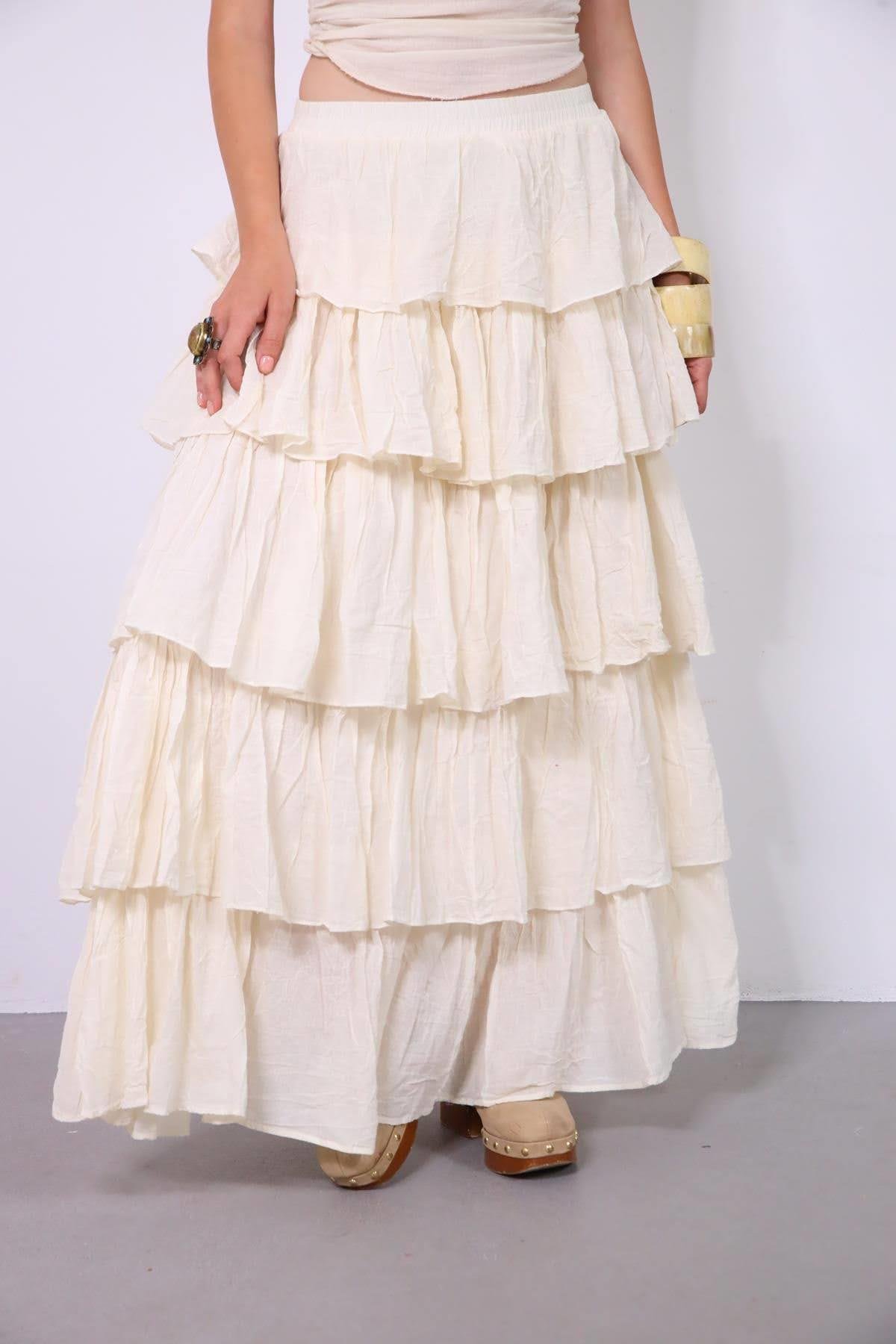  Ekru Beli Lastikli Kat Kat Bohem Etek