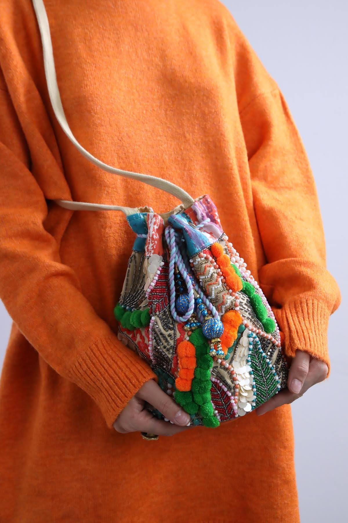 Hardal Rengi Boncuk İşlemeli Torba Çanta - Şaman Butik Hardal Rengi Boncuk İşlemeli Torba Çanta