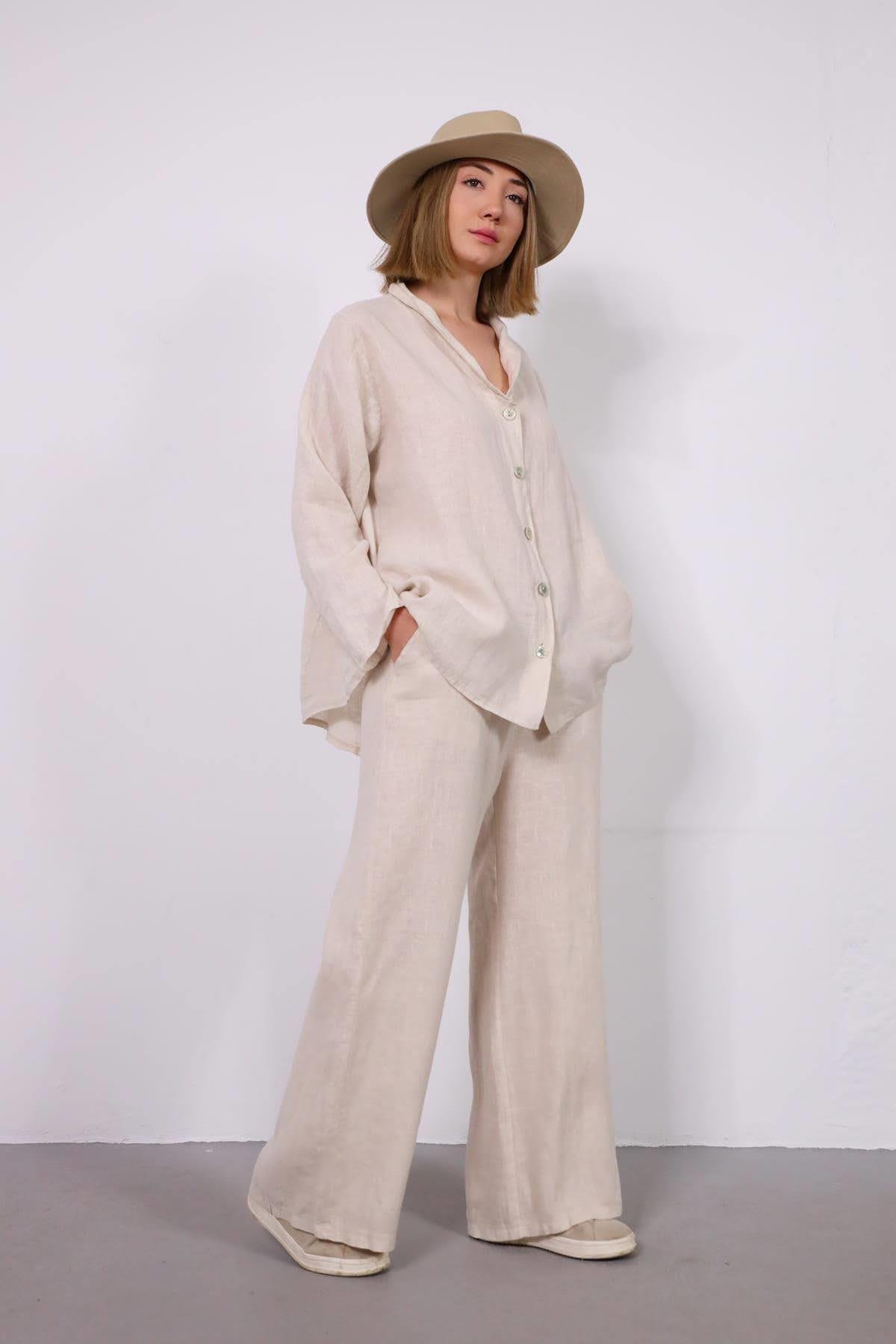  Krem Rengi Cep Detaylı Gömlek Pantolon Keten Takım