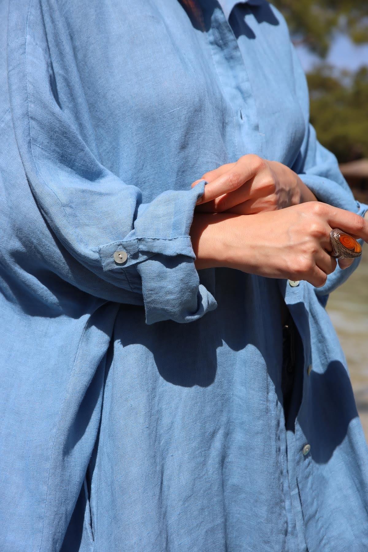 İndigo Mavi Kolları Apoletli Uzun Keten Gömlek - Şaman Butik İndigo Mavi Kolları Apoletli Uzun Keten Gömlek