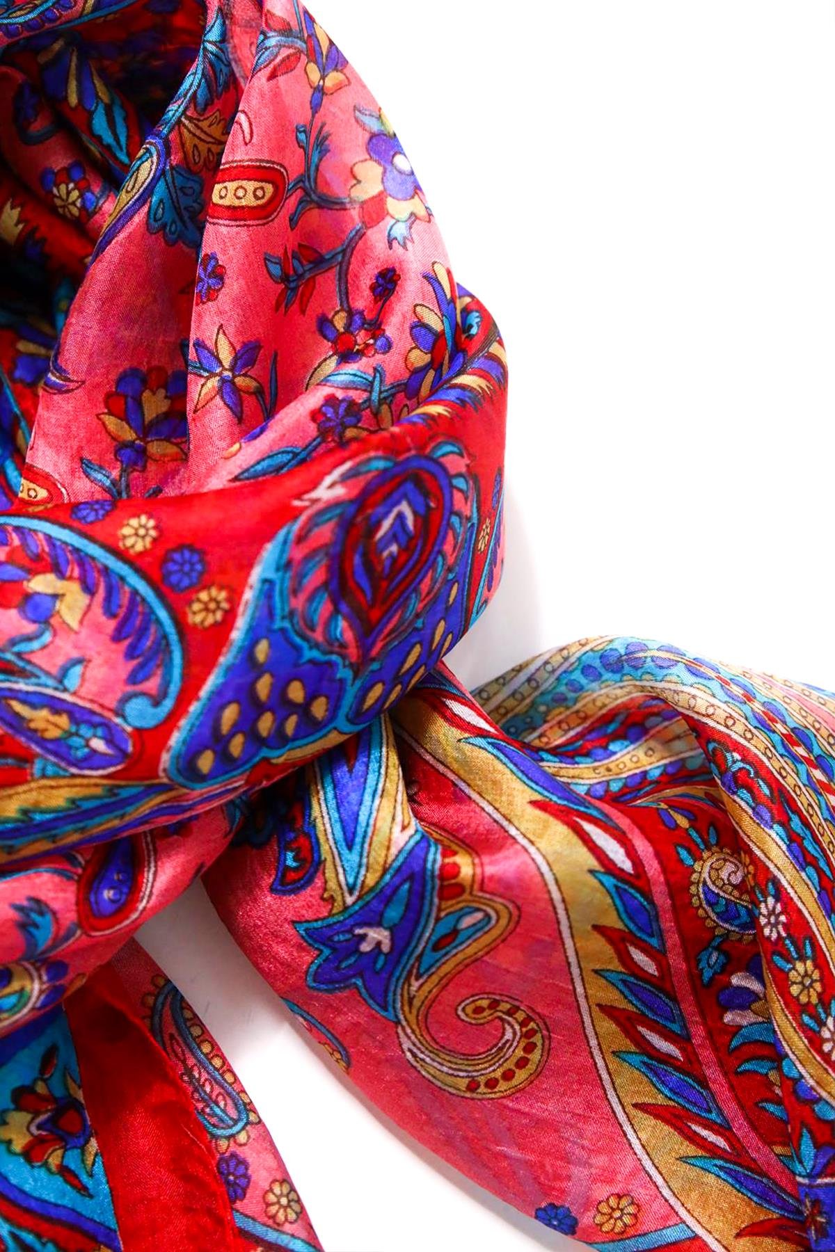 Kırmızı Desenli İpek Şal - Şaman Butik Kırmızı Desenli İpek Şal