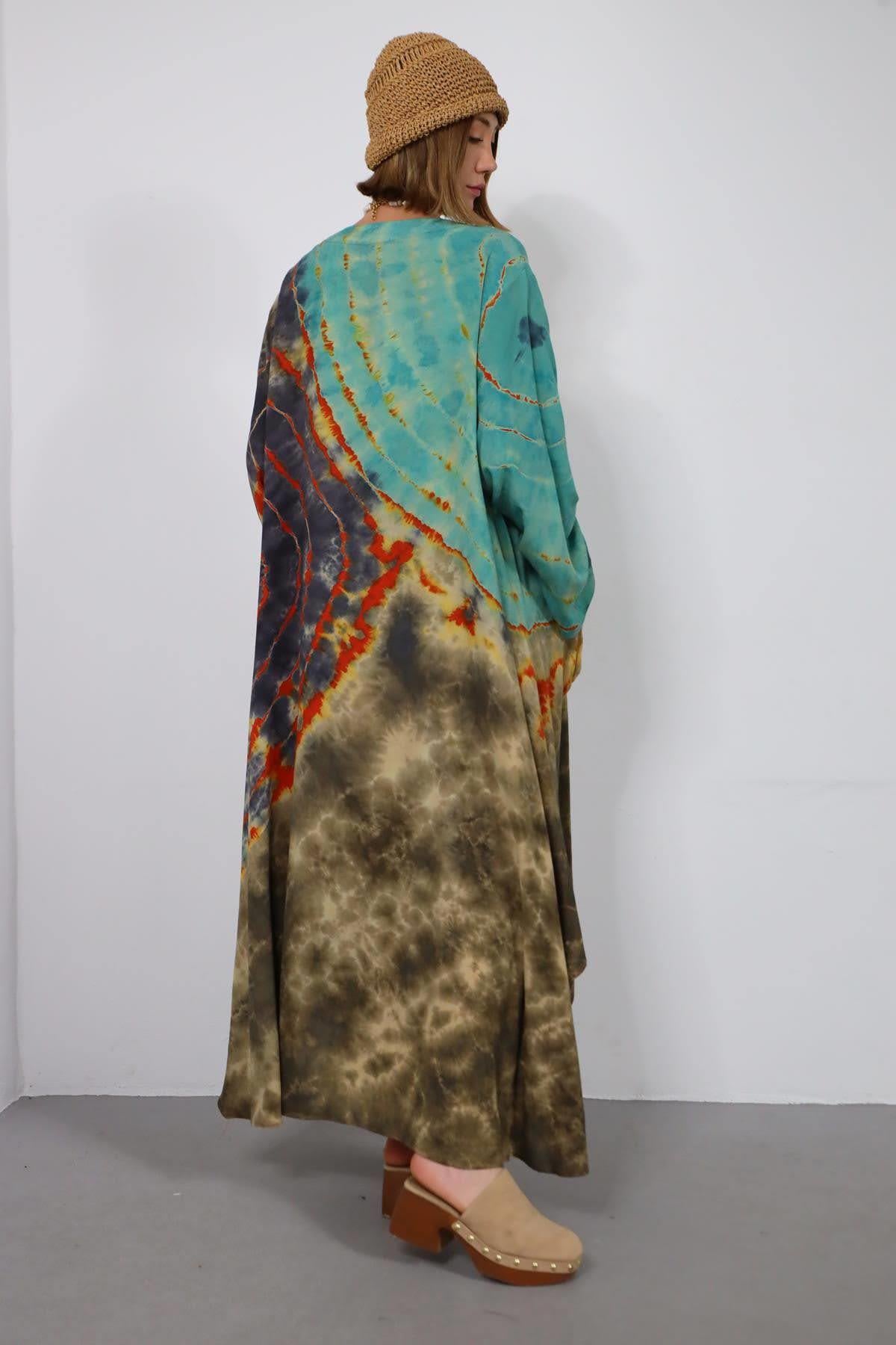  Kiremit Rengi Batik Desenli Cep Detay Kaftan