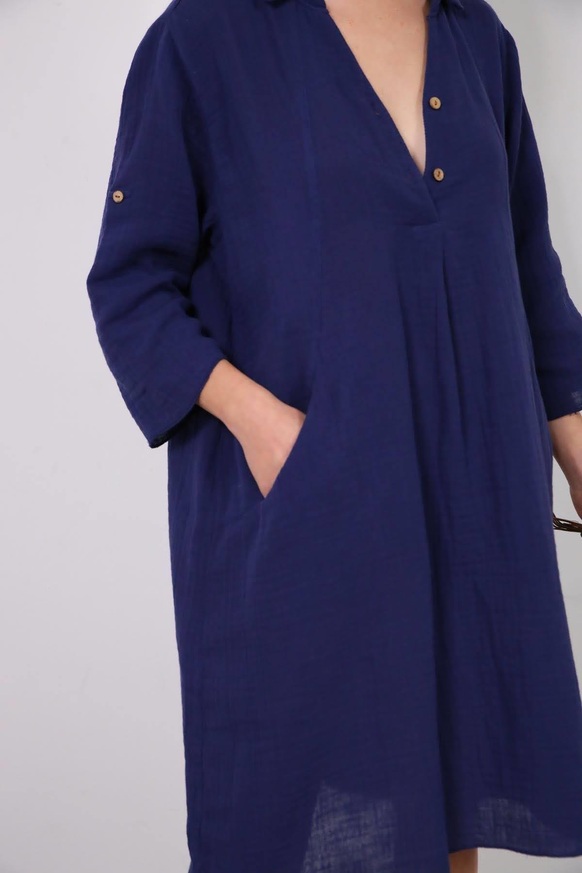 Lacivert Kolları Apoletli Gömlek Yaka Müslin Elbise - Şaman Butik Lacivert Kolları Apoletli Gömlek Yaka Müslin Elbise