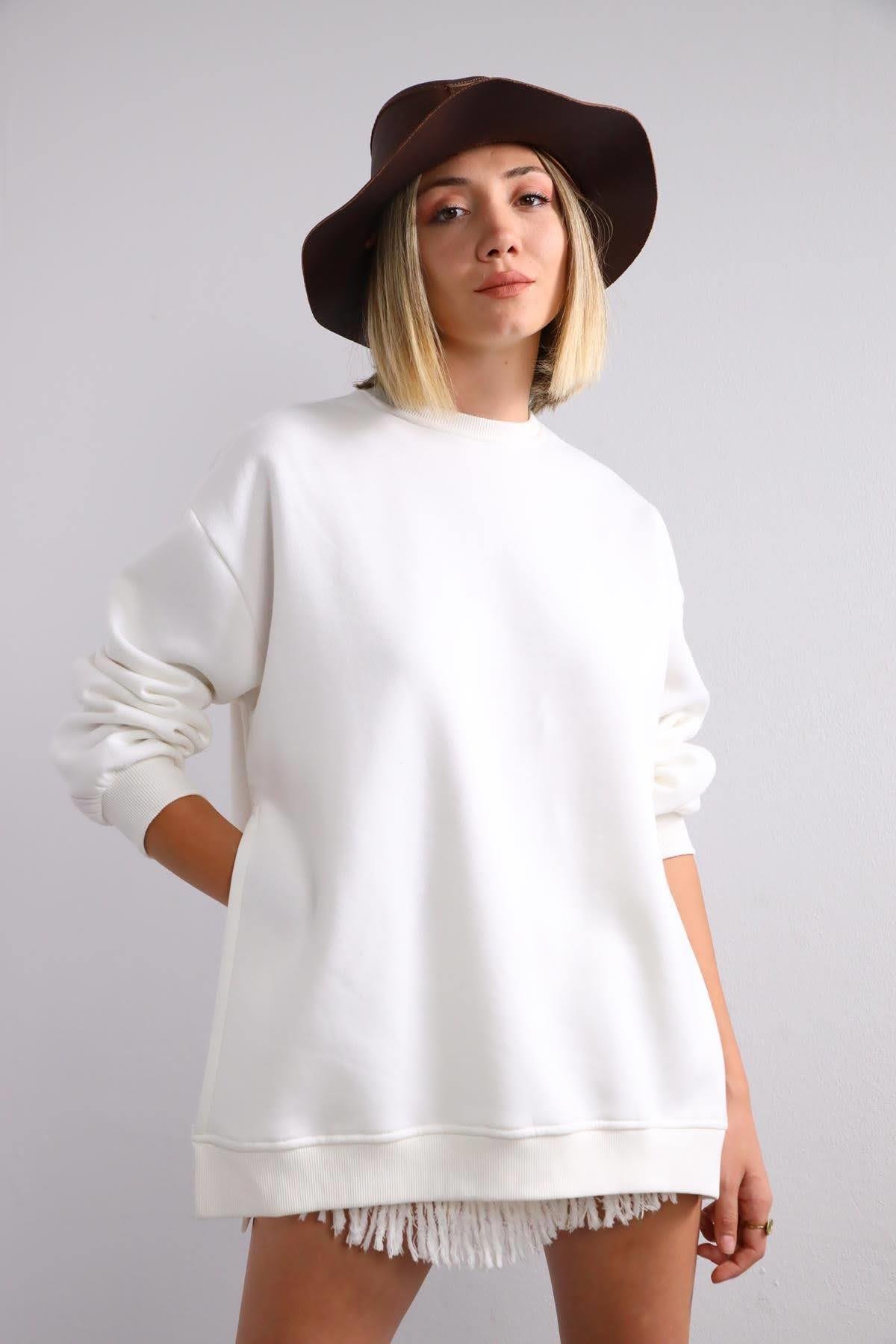  Ekru Yanları Yırtmaçlı Sweatshirt