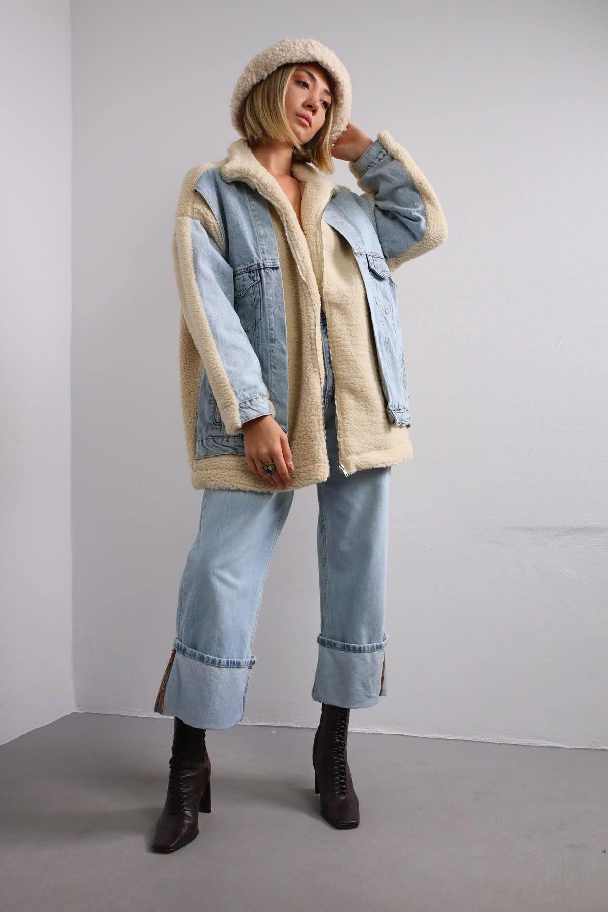 Krem Rengi Jean Detaylı Ceket - Şaman Butik Krem Rengi Jean Detaylı Ceket