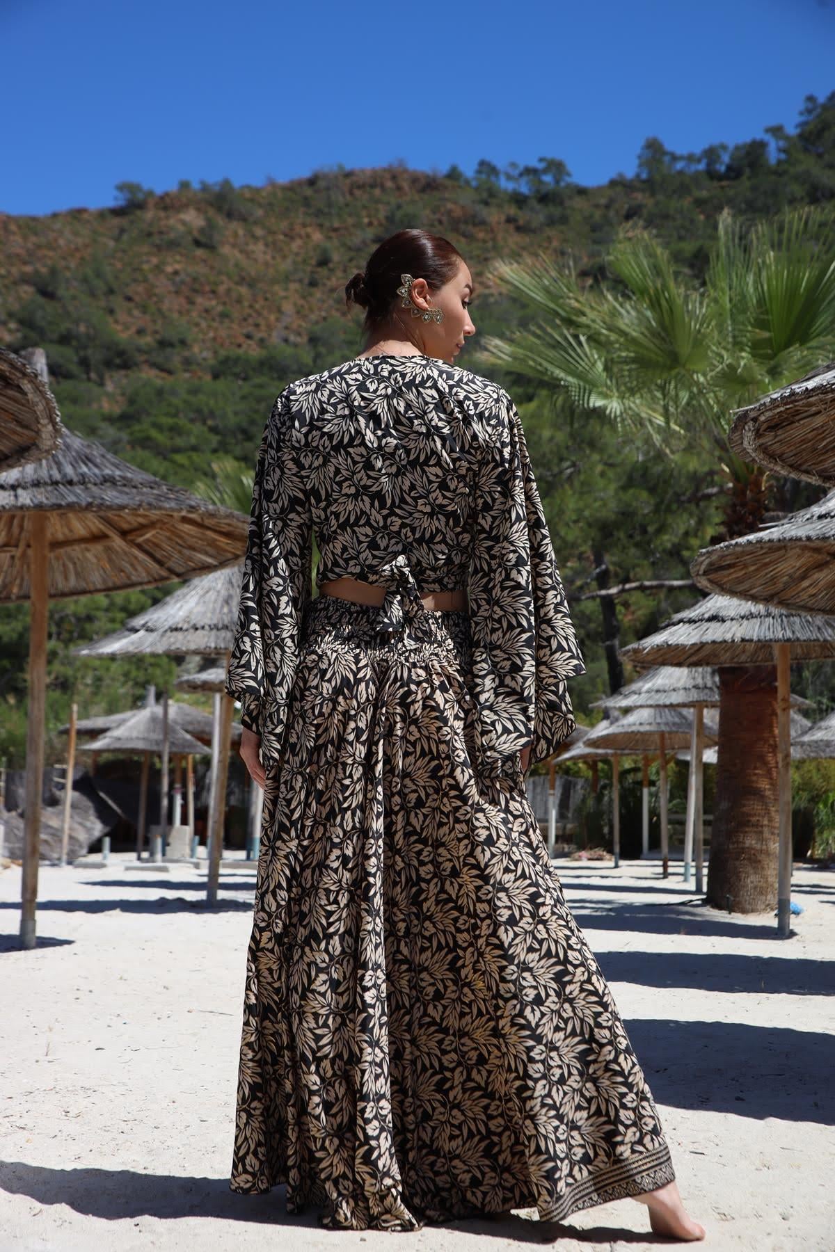 Siyah Desenli İpek Pantolon Etek - Şaman Butik Siyah Desenli İpek Pantolon Etek