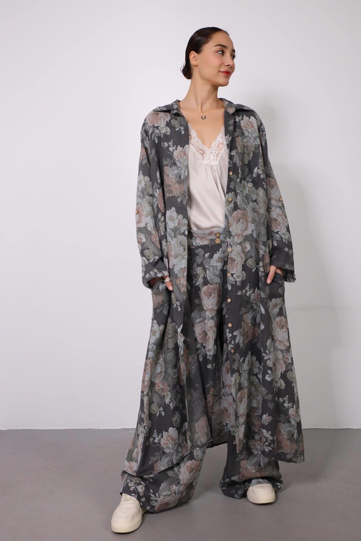  Füme Rengi Çiçek Desenli Önü Düğmeli Keten Elbise