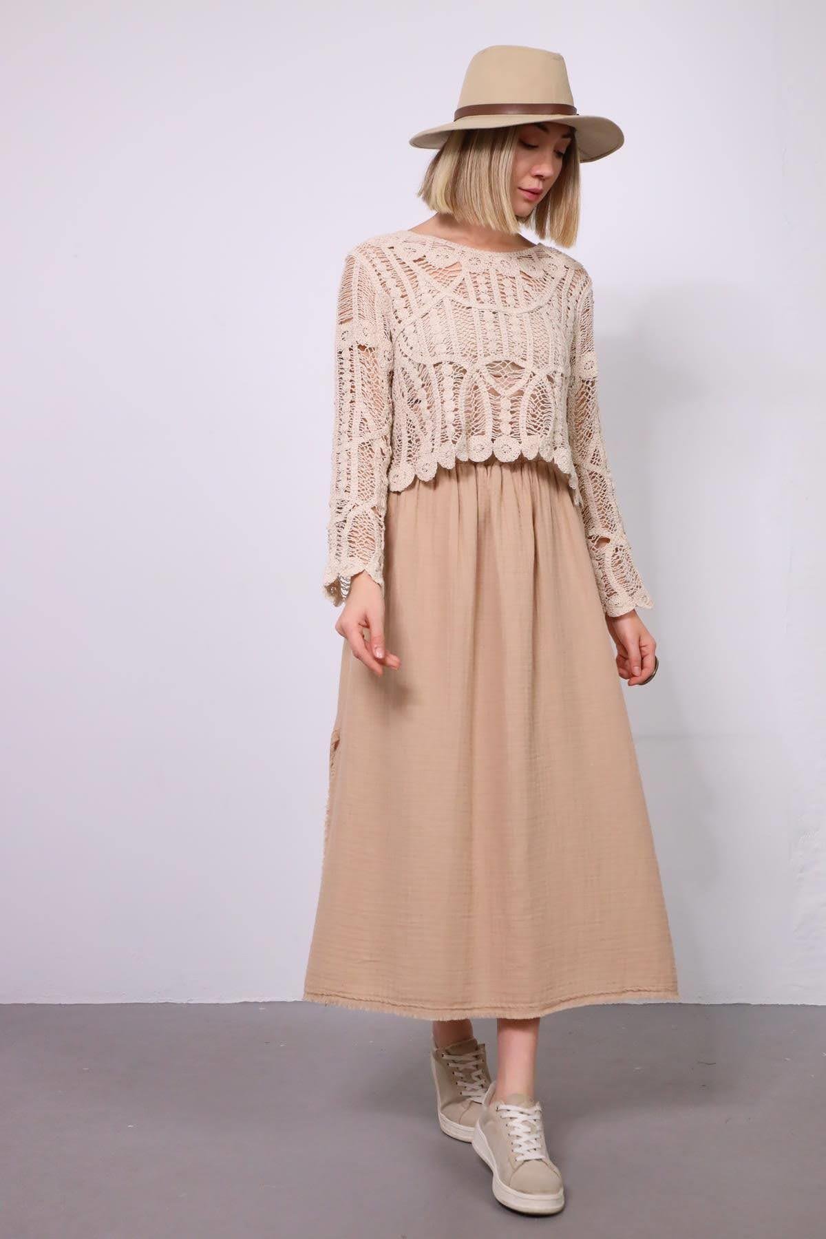  Camel Rengi Yırtmaçlı Müslin Etek