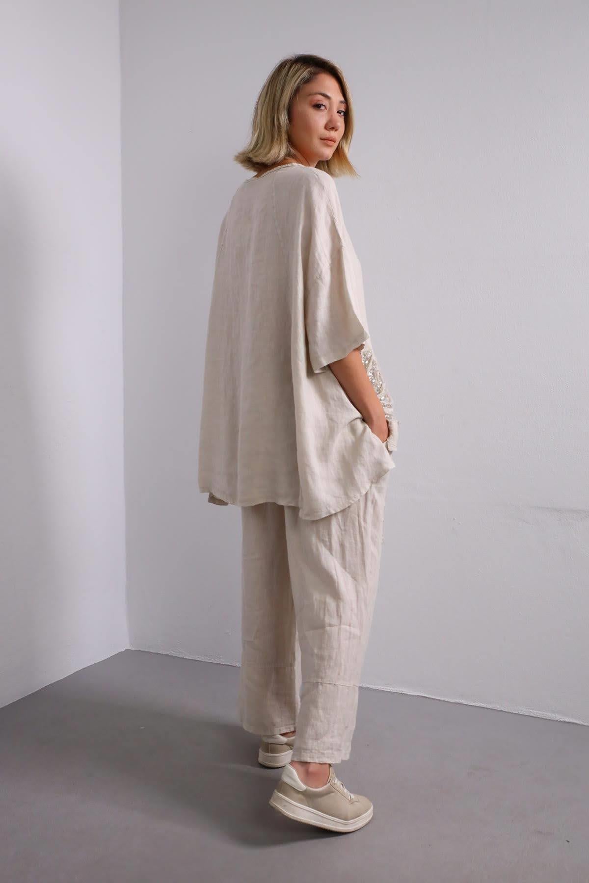  Krem Rengi Pullu V Yaka Keten Takım