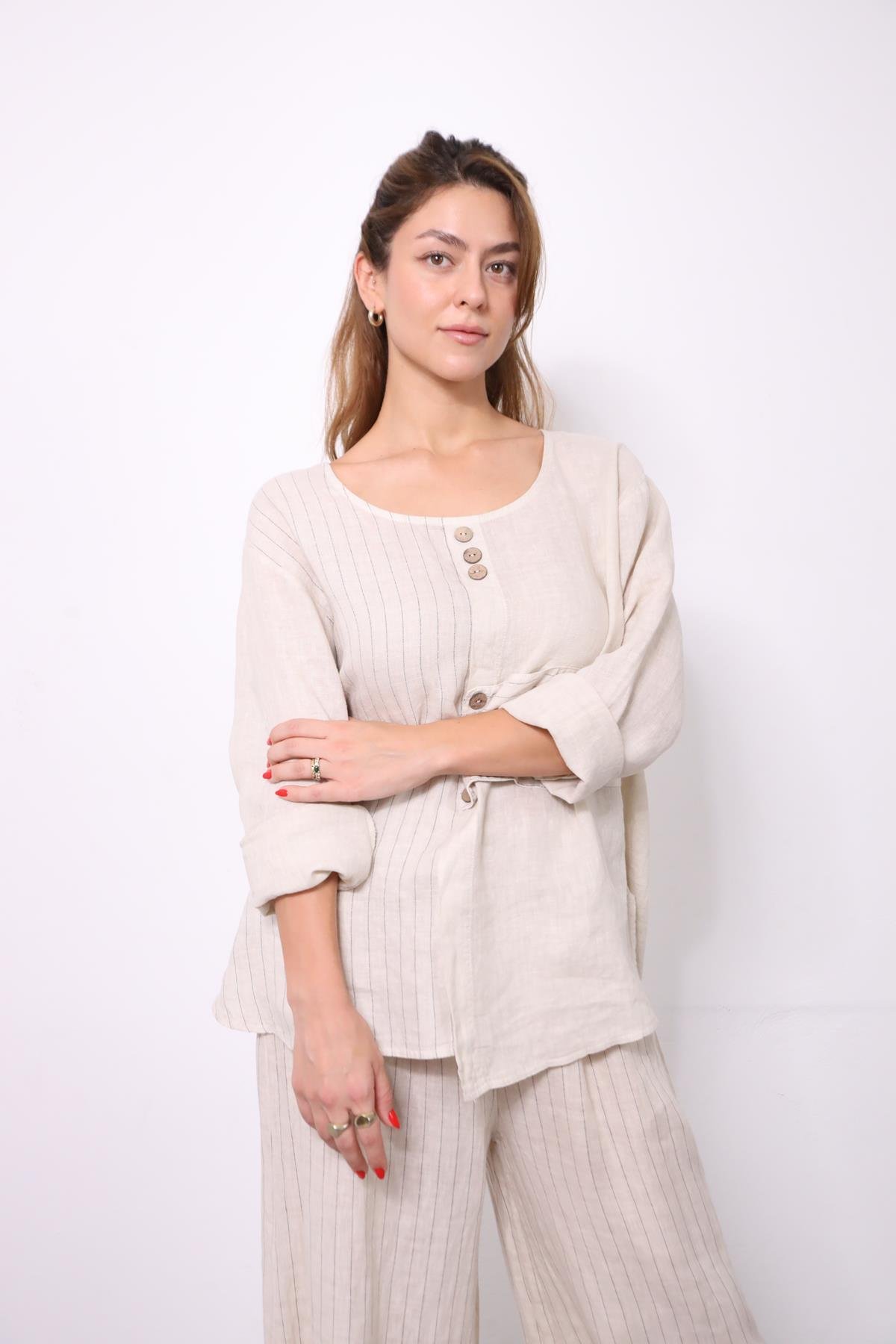  Krem Rengi Düğme Detaylı Çizgili Keten Takım