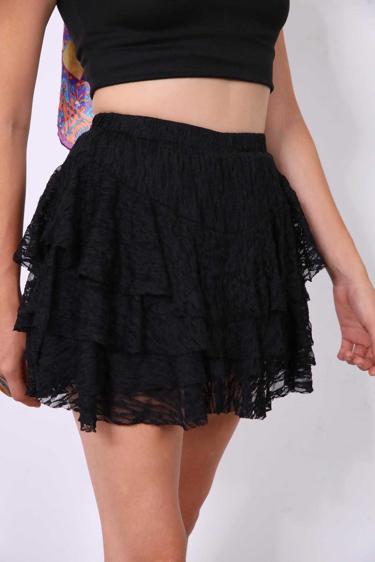  Siyah Dantelli Kat Kat Mini Şort Etek