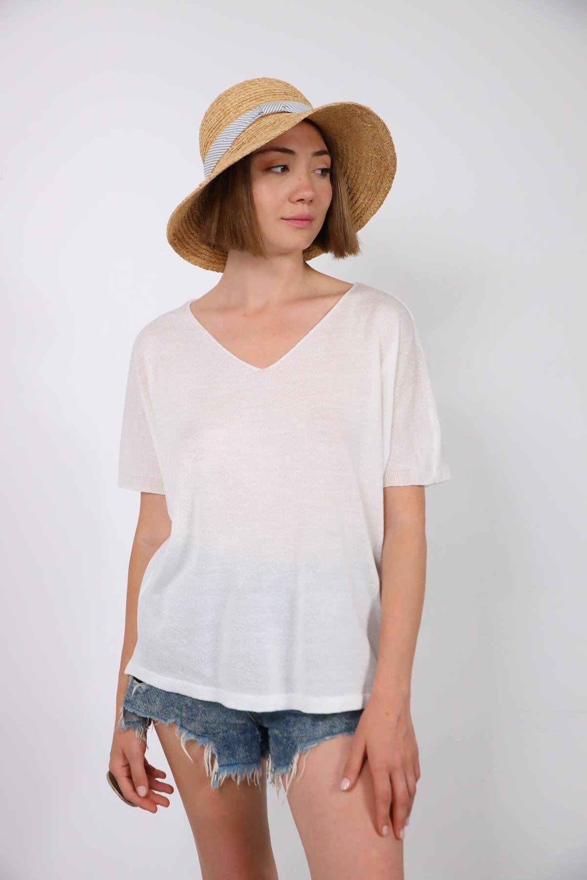 Beyaz V Yaka Yarasa Kol Triko Bluz - Şaman Butik Beyaz V Yaka Yarasa Kol Triko Bluz