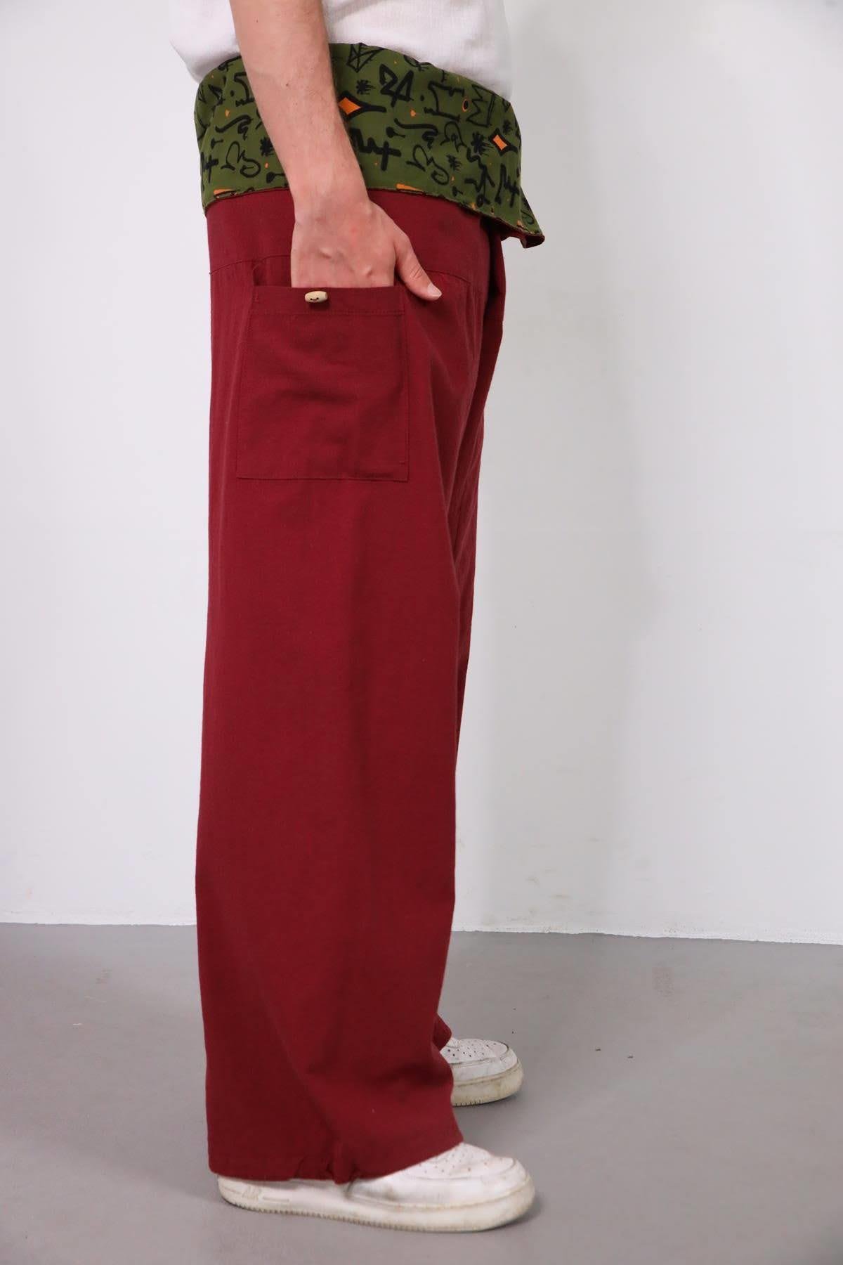  Bordo Beli Desenli Balıkçı Pantolon