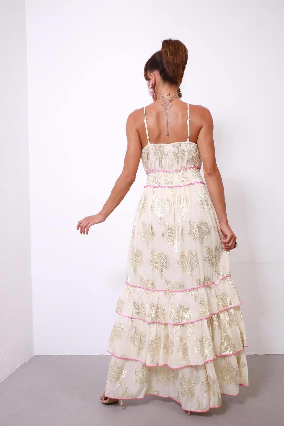 Krem Rengi Beli Gipeli İşlemeli Ayna Detaylı Bohem Elbise - Şaman Butik Krem Rengi Beli Gipeli İşlemeli Ayna Detaylı Bohem Elbise