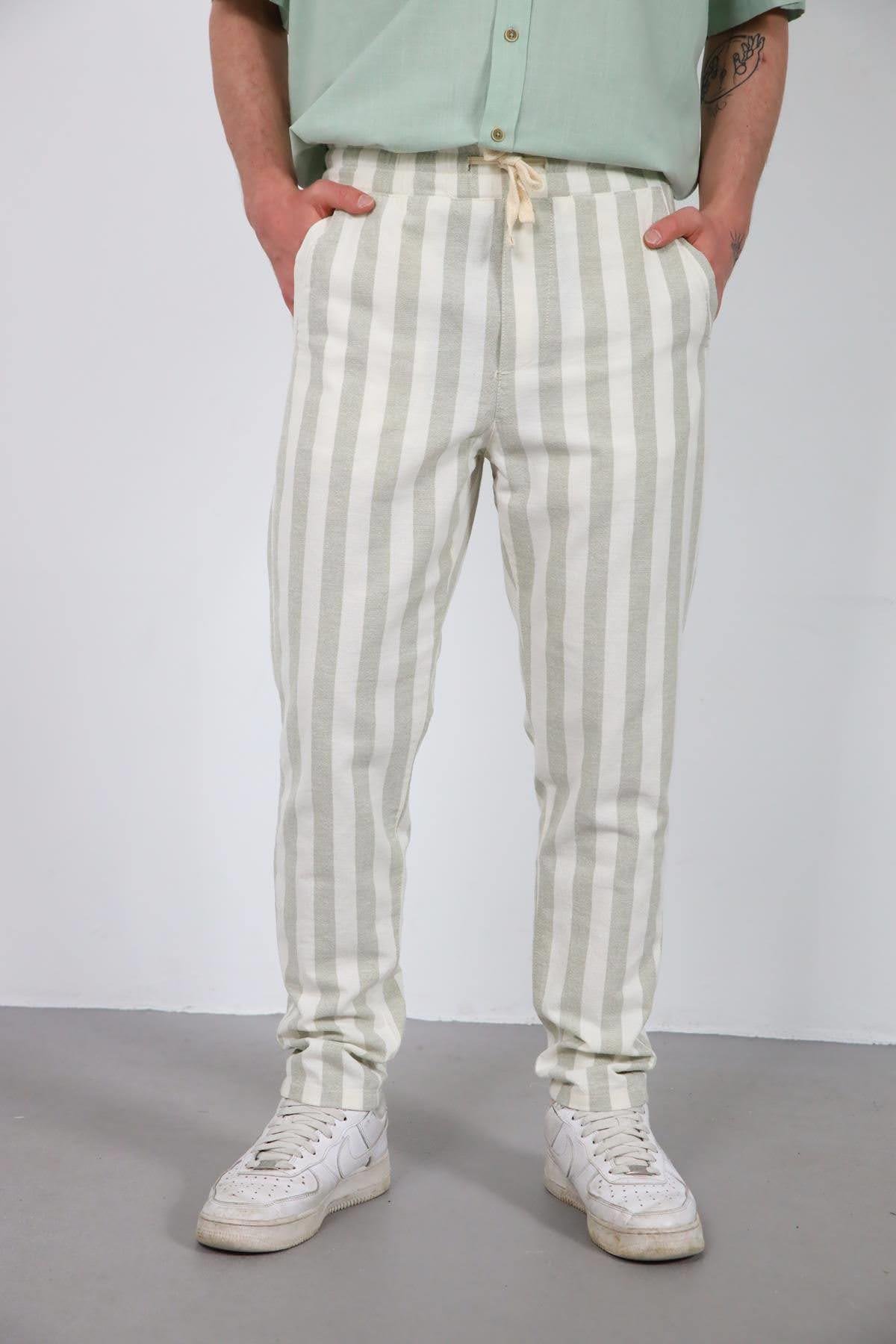  Ekru Beli Lastikli Çizgili Dar Paça Erkek Pantolon