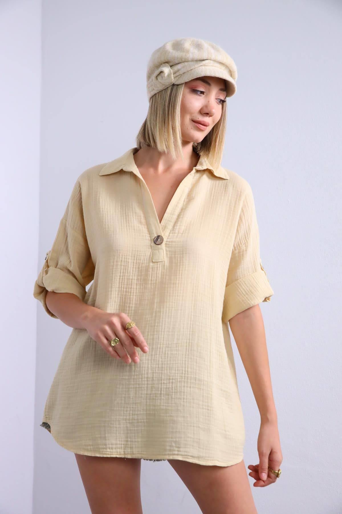  Krem Rengi Tek Düğme Kolu Apoletli Gömlek