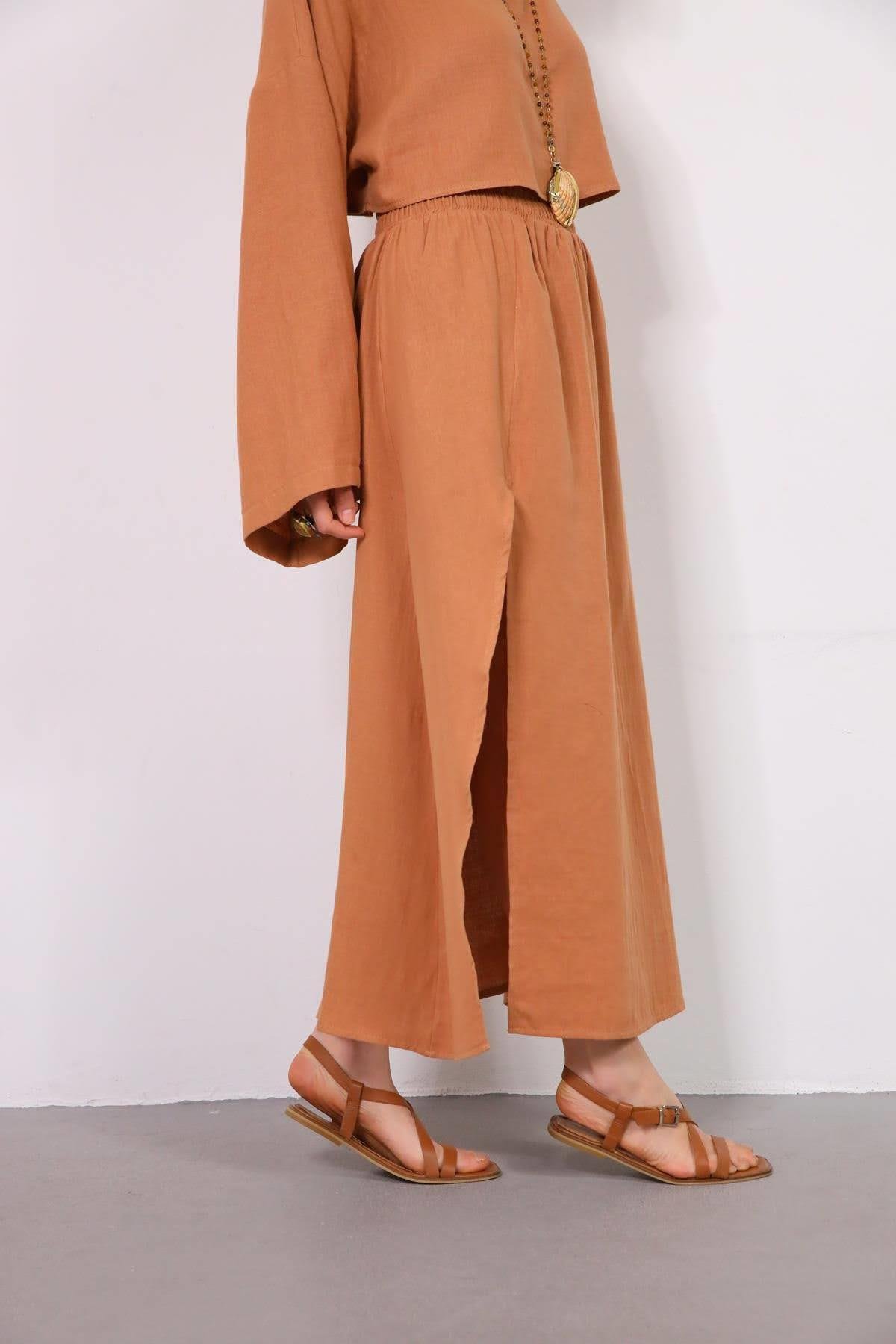  Somon Rengi Yırtmaçlı Etek ve Crop Takım