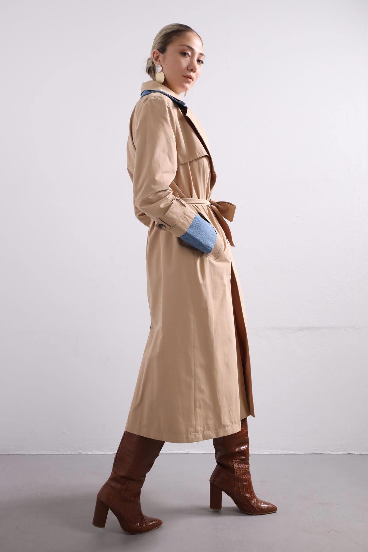  Camel Denim Parça Detaylı Trençkot