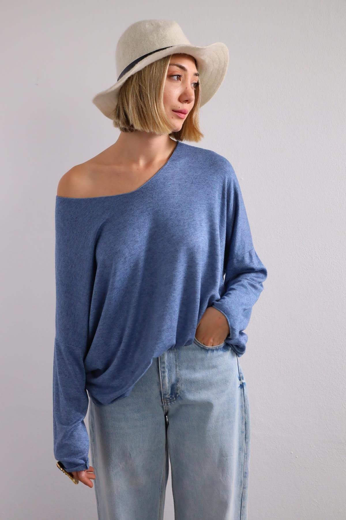 Navy Blue Floral Stitched Waist Shirt Dress - Şaman Butik Dark Blue V-Neck Soft Texture Knit Blouse