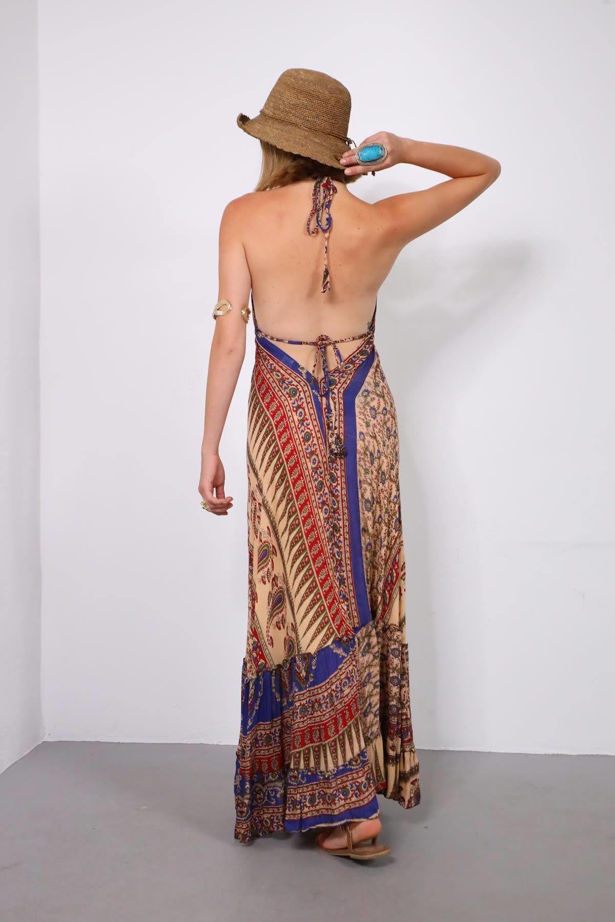 Lacivert Sırt Dekolteli Desenli Askılı Elbise - Şaman Butik Lacivert Sırt Dekolteli Desenli Askılı Elbise