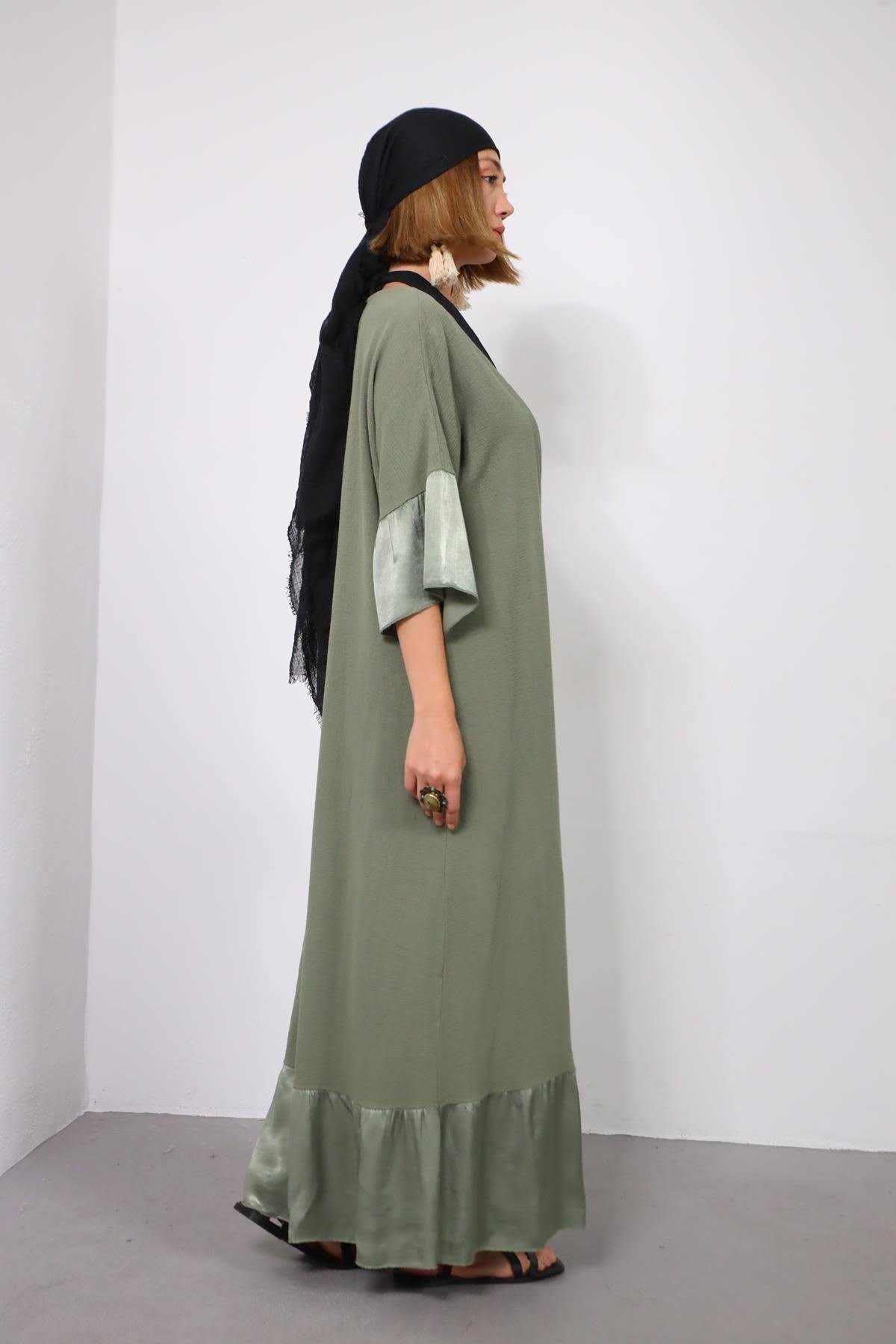 Haki Kolları ve Eteği Saten Detaylı Kaftan - Şaman Butik Haki Kolları ve Eteği Saten Detaylı Kaftan