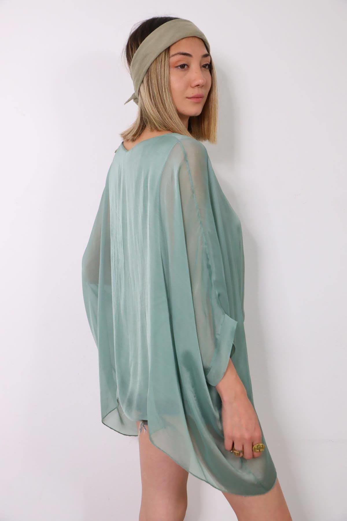 Khaki Wide Sleeves Silk Blouse - Saman Butik | Shop Online Khaki Wide Sleeves Silk Blouse