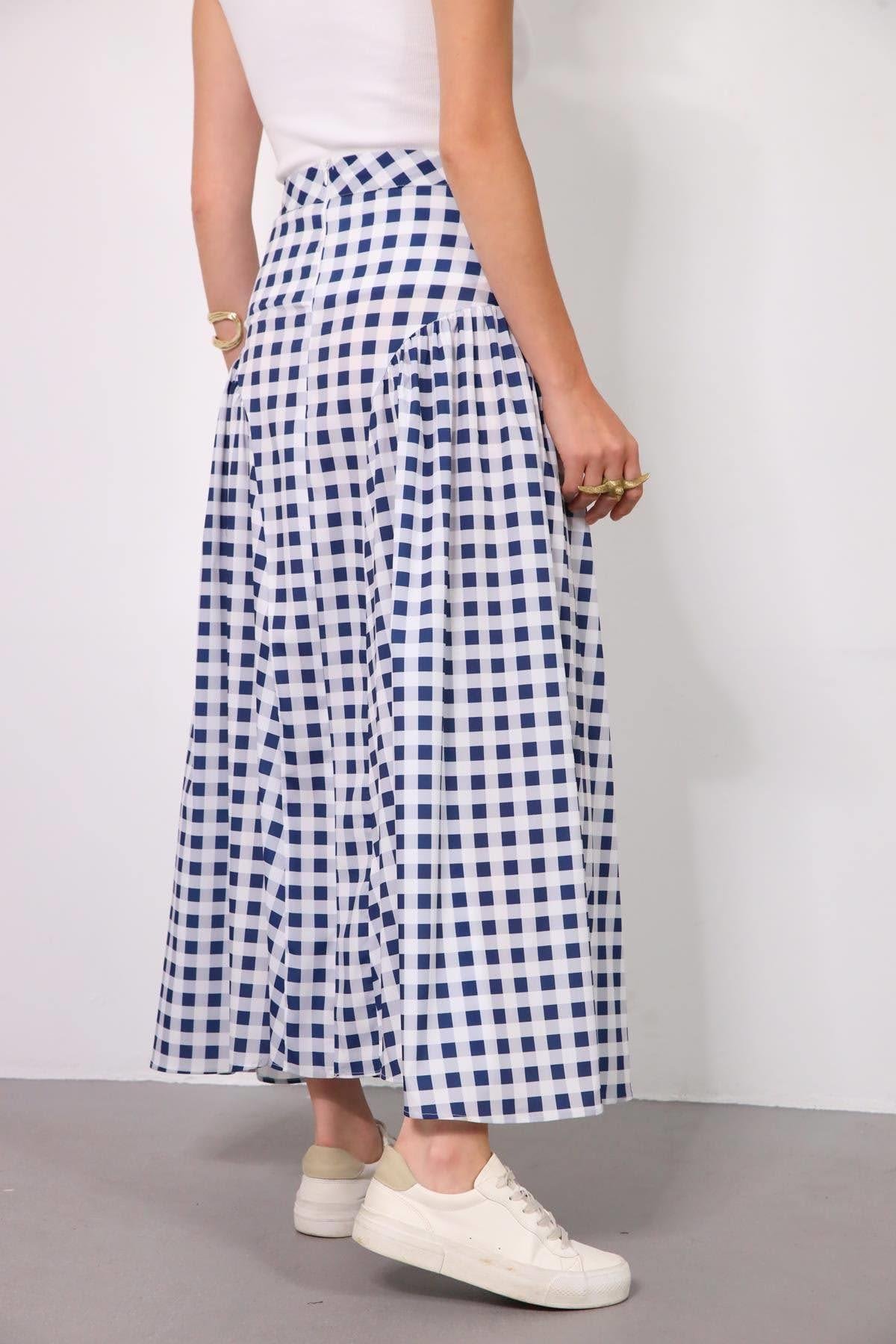  Lacivert Büzgülü Ekose Etek