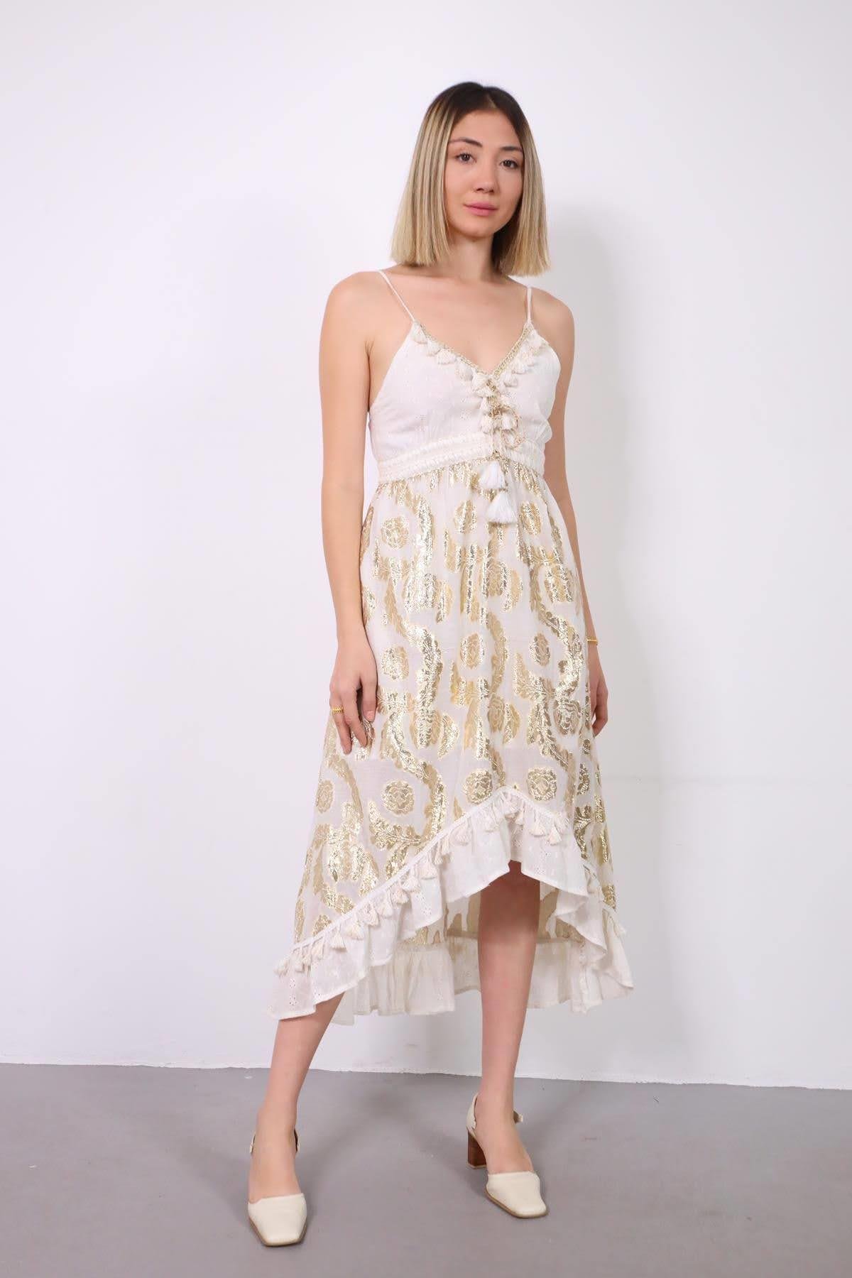 Beyaz V Yaka Parlak Desenli Güpürlü Elbise - Şaman Butik Beyaz V Yaka Parlak Desenli Güpürlü Elbise