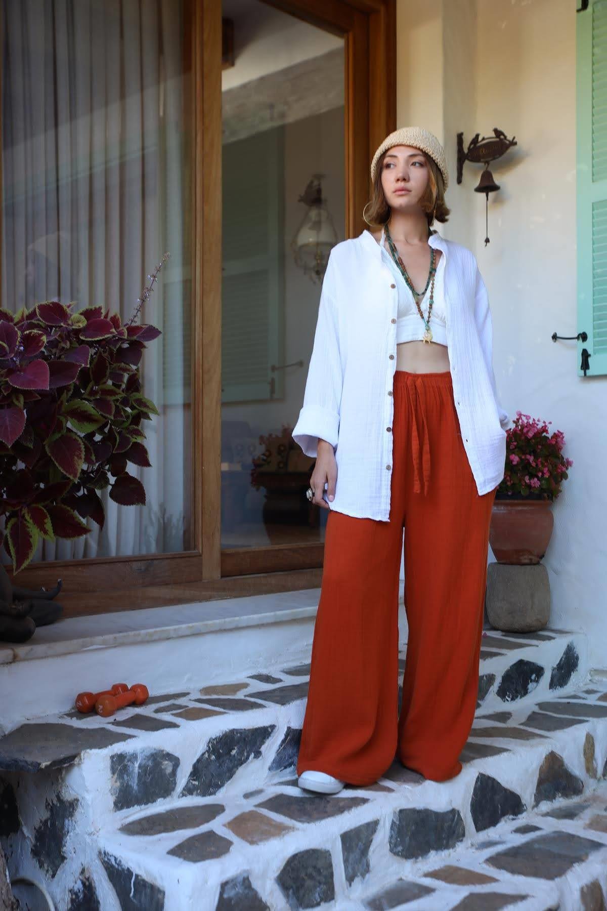 Kiremit Rengi Beli Lastikli İp Detaylı Müslin Pantolon - Şaman Butik Kiremit Rengi Beli Lastikli İp Detaylı Müslin Pantolon