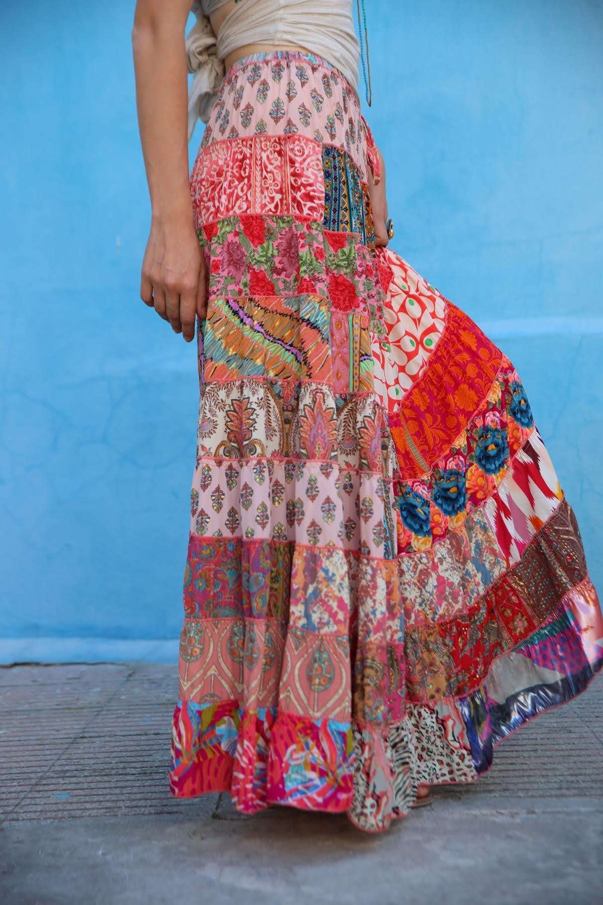 Renkli Patchwork Otantik İpek Etek - Şaman Butik Renkli Patchwork Otantik İpek Etek