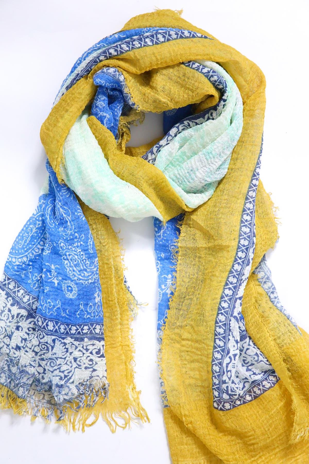 Hardal Rengi Desenli Saçaklı Şal - Şaman Butik Hardal Rengi Desenli Saçaklı Şal