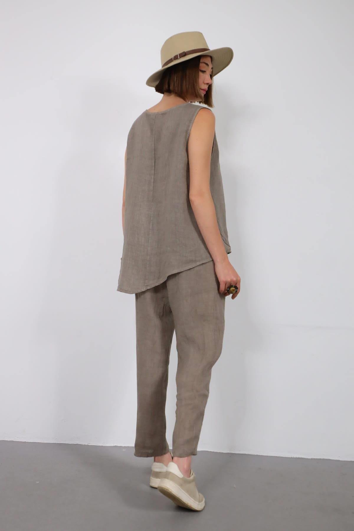  Vizon Rengi Dikişli Sıfır Kol Bluz ve Pantolon Keten Takım