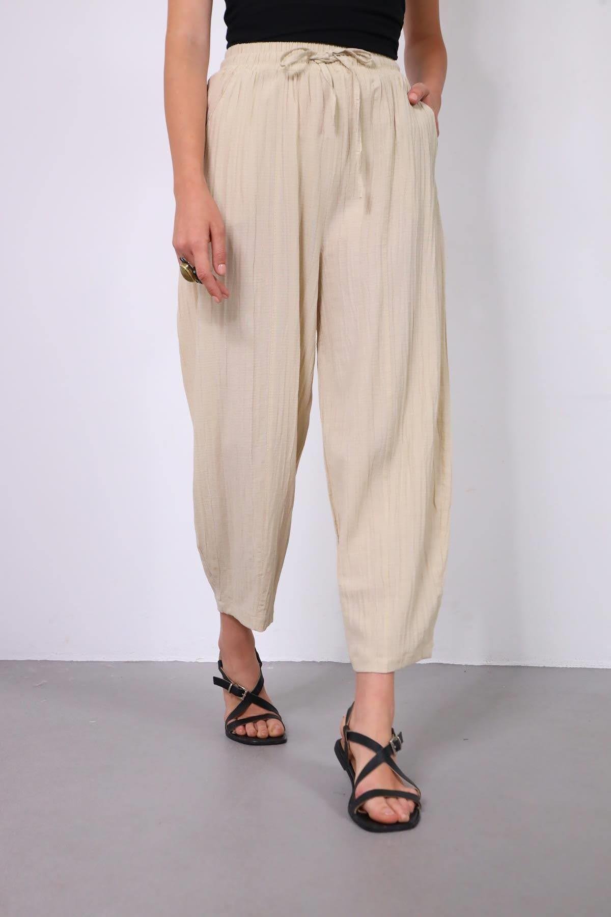 Krem Rengi Gofre Pantolon - Şaman Butik Krem Rengi Gofre Pantolon