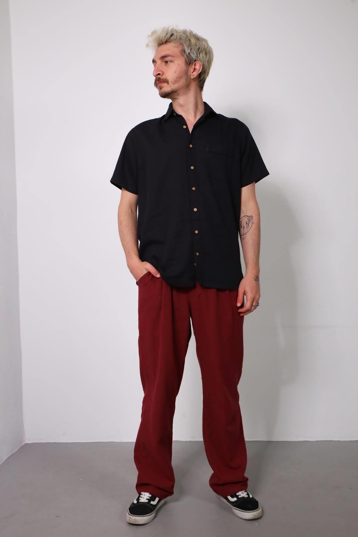  Bordo Beli Lastikli Pileli Pantolon