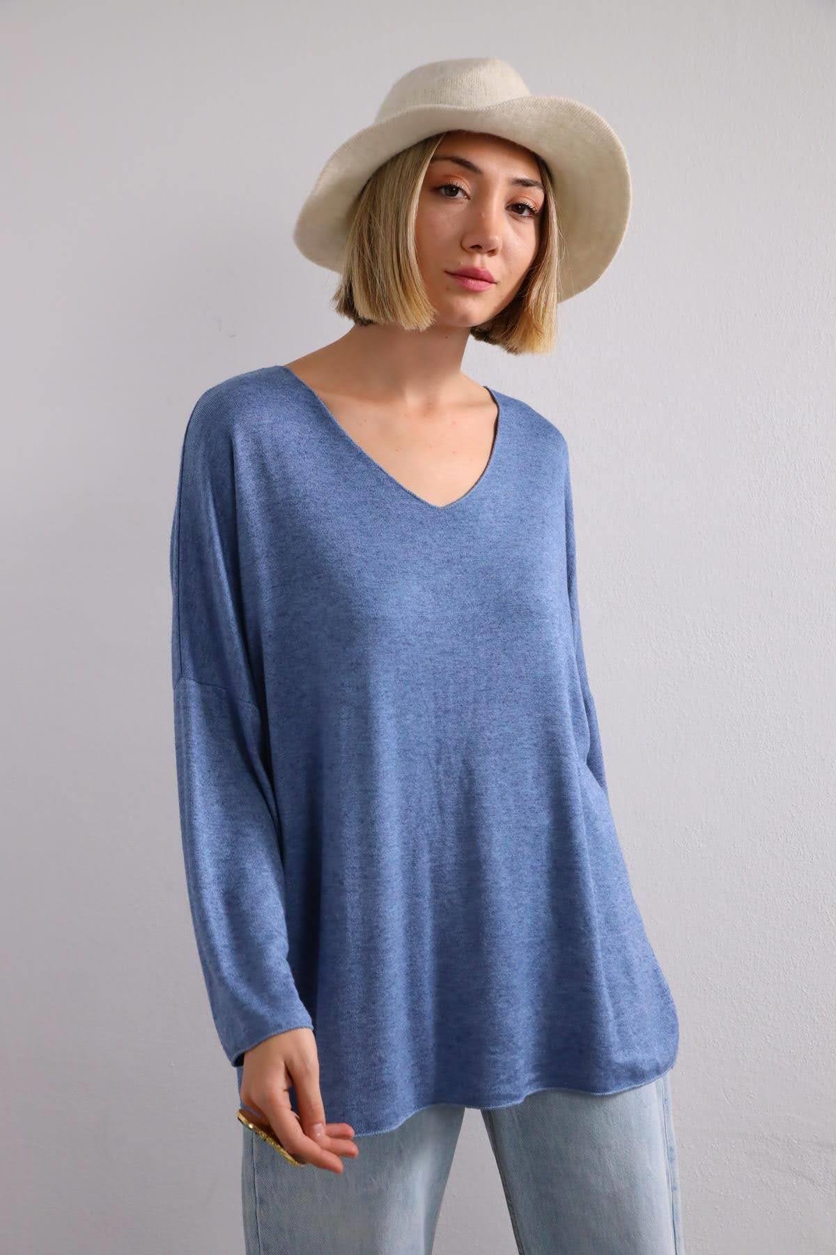 Navy Blue Floral Stitched Waist Shirt Dress - Şaman Butik Dark Blue V-Neck Soft Texture Knit Blouse