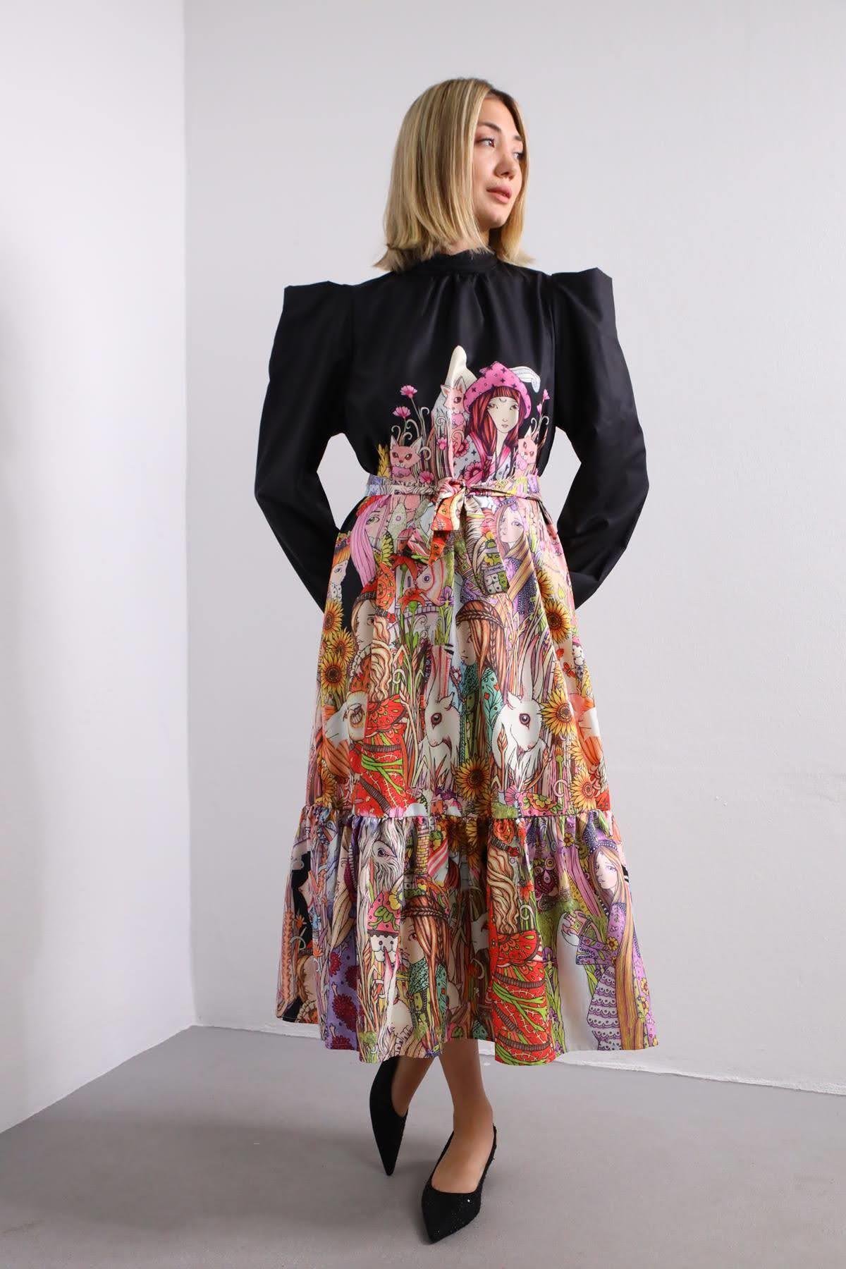 Siyah İnsan Figürlü Karpuz Kol Elbise - Şaman Butik Siyah İnsan Figürlü Karpuz Kol Elbise