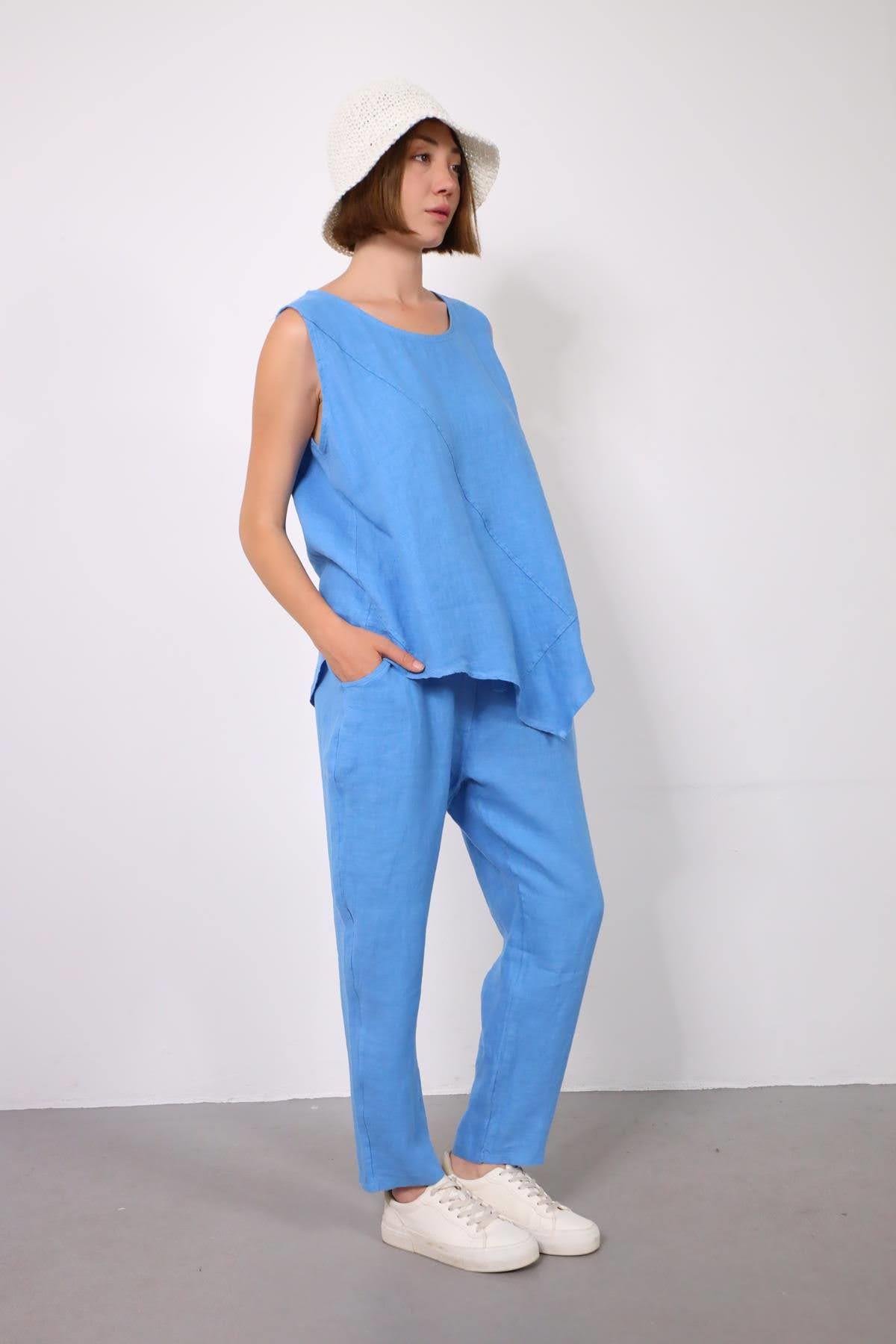  Mavi Dikişli Sıfır Kol Bluz ve Pantolon Keten Takım