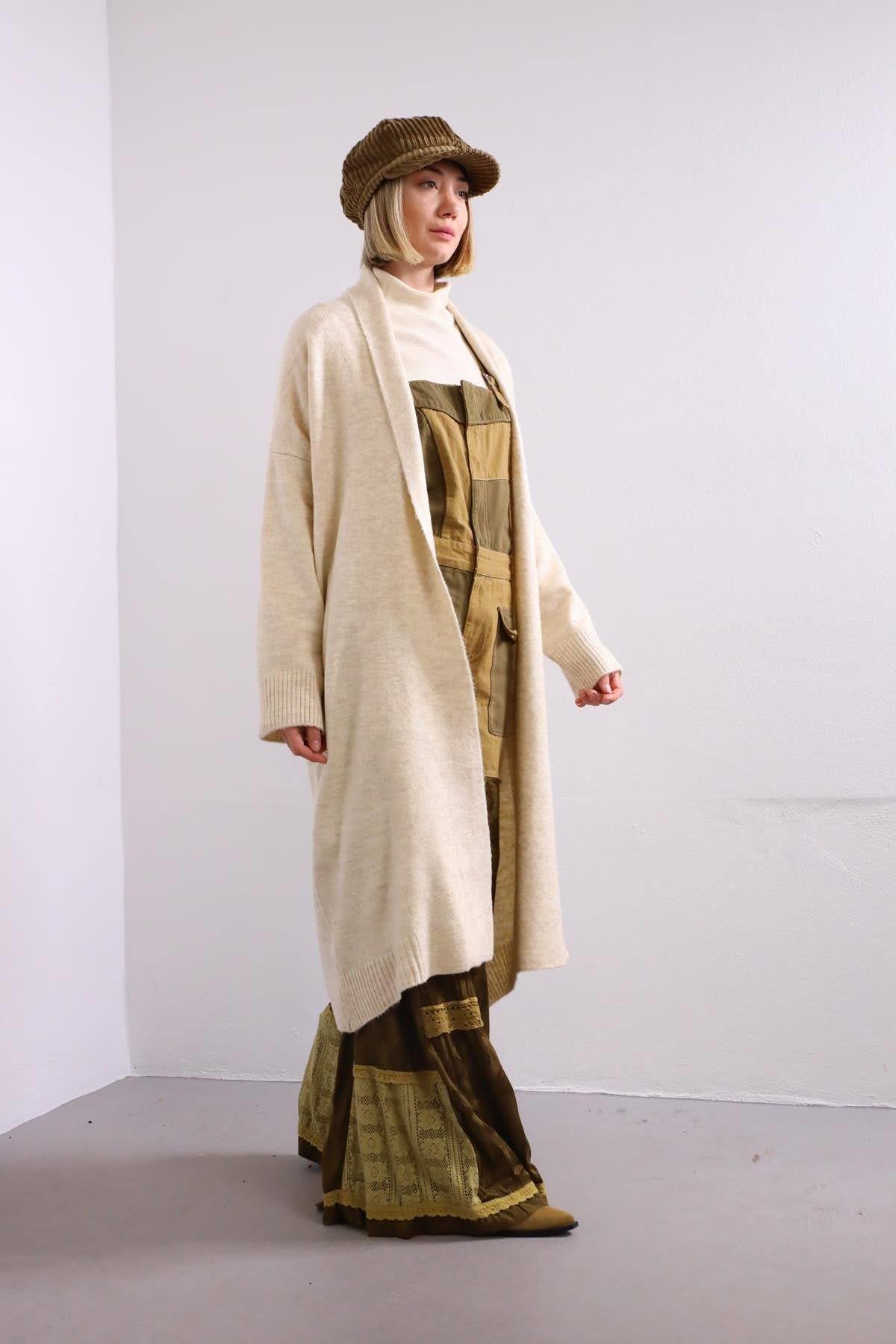  Krem Rengi Şal Yaka Uzun Hırka