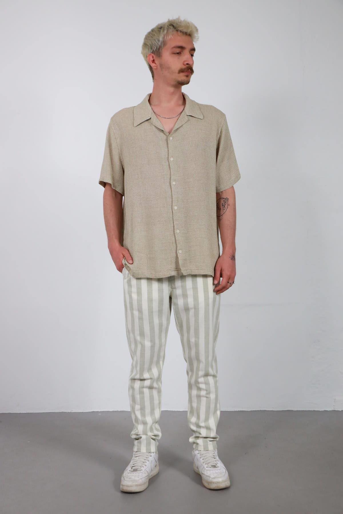  Açık Haki Örme Pamuk Kumaş Kısa Kollu Erkek Gömlek