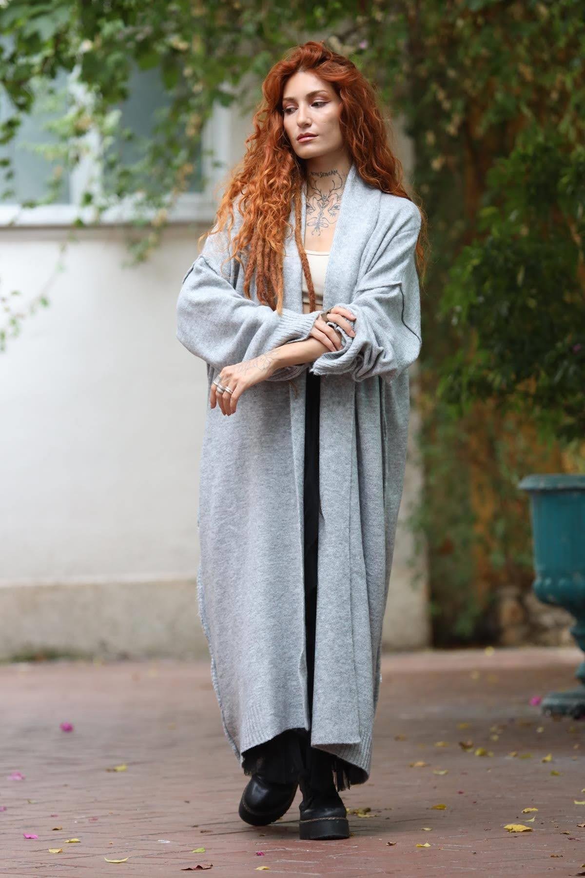 Açık Gri Şal Yaka Uzun Hırka