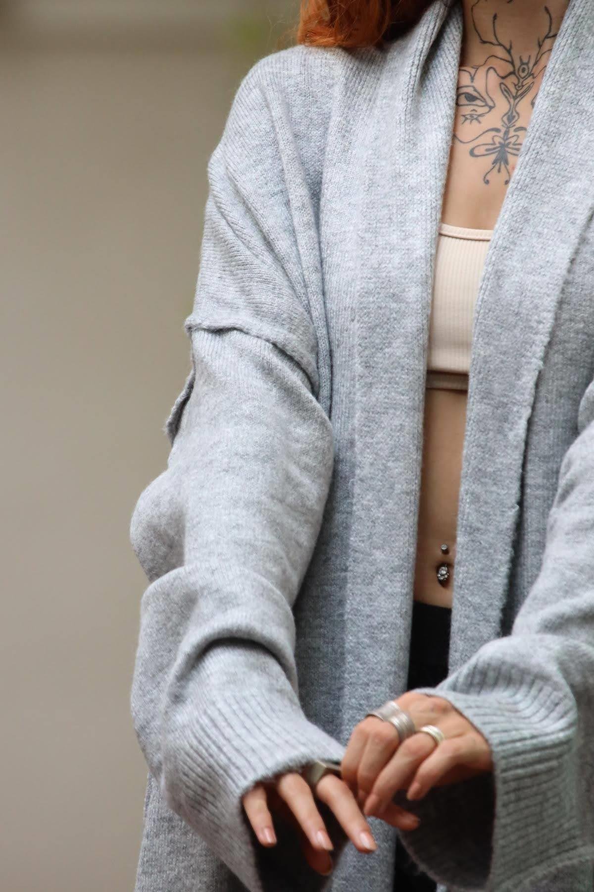 Açık Gri Şal Yaka Uzun Hırka