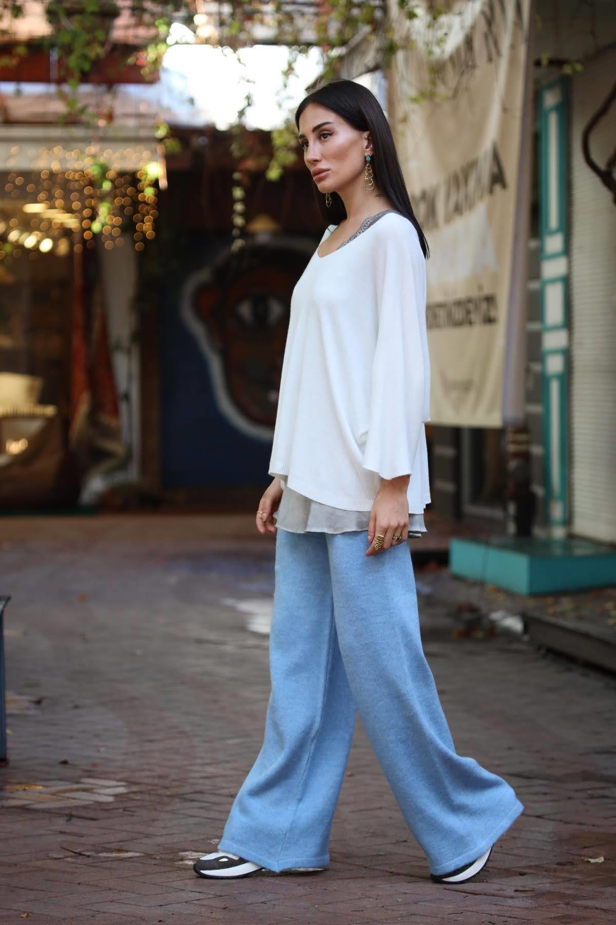 Açık Mavi Beli Lastikli Şardonlu Triko Pantolon